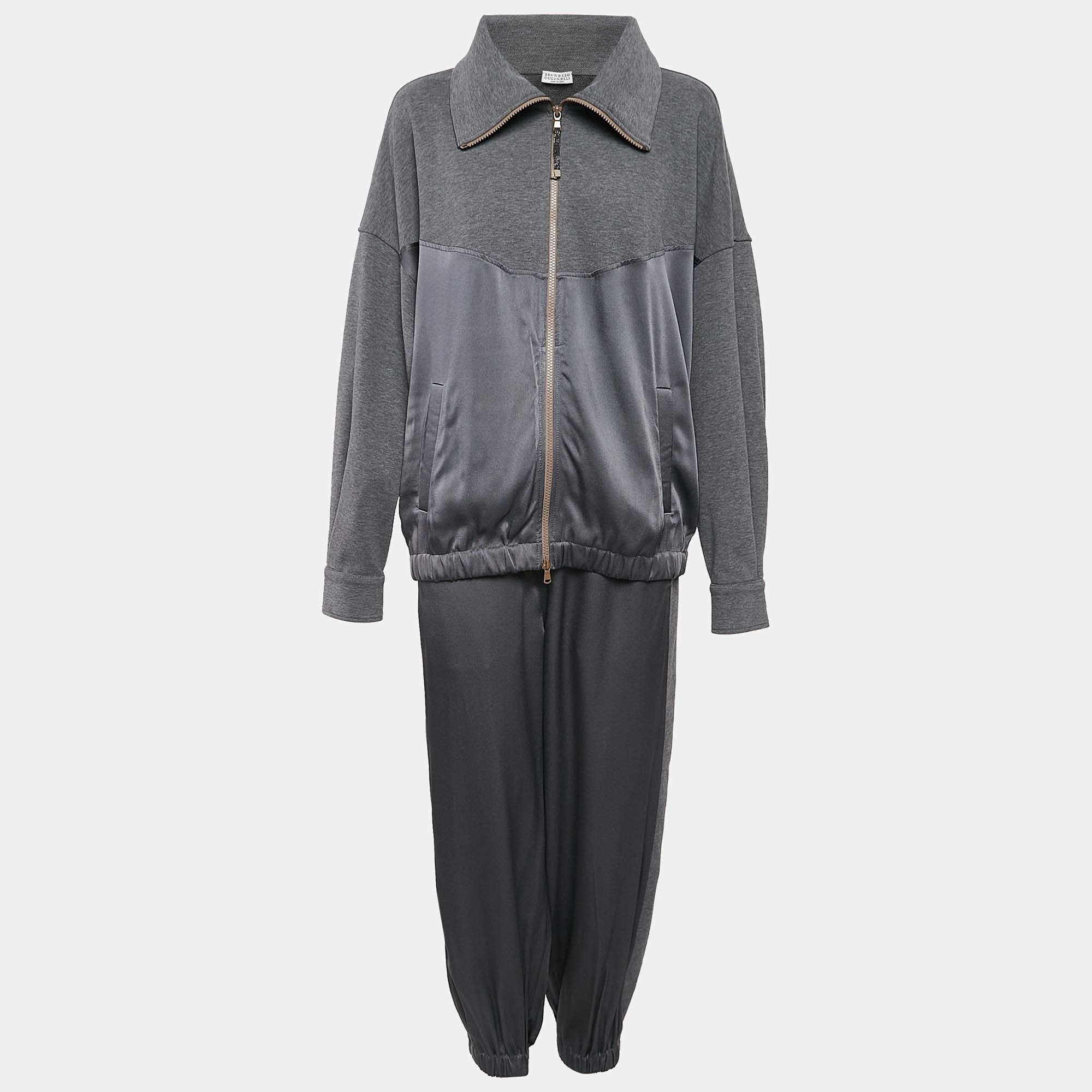 Brunello Cucinelli Grey Satin and Cotton Knit Jacket and Jogger Pants Set M