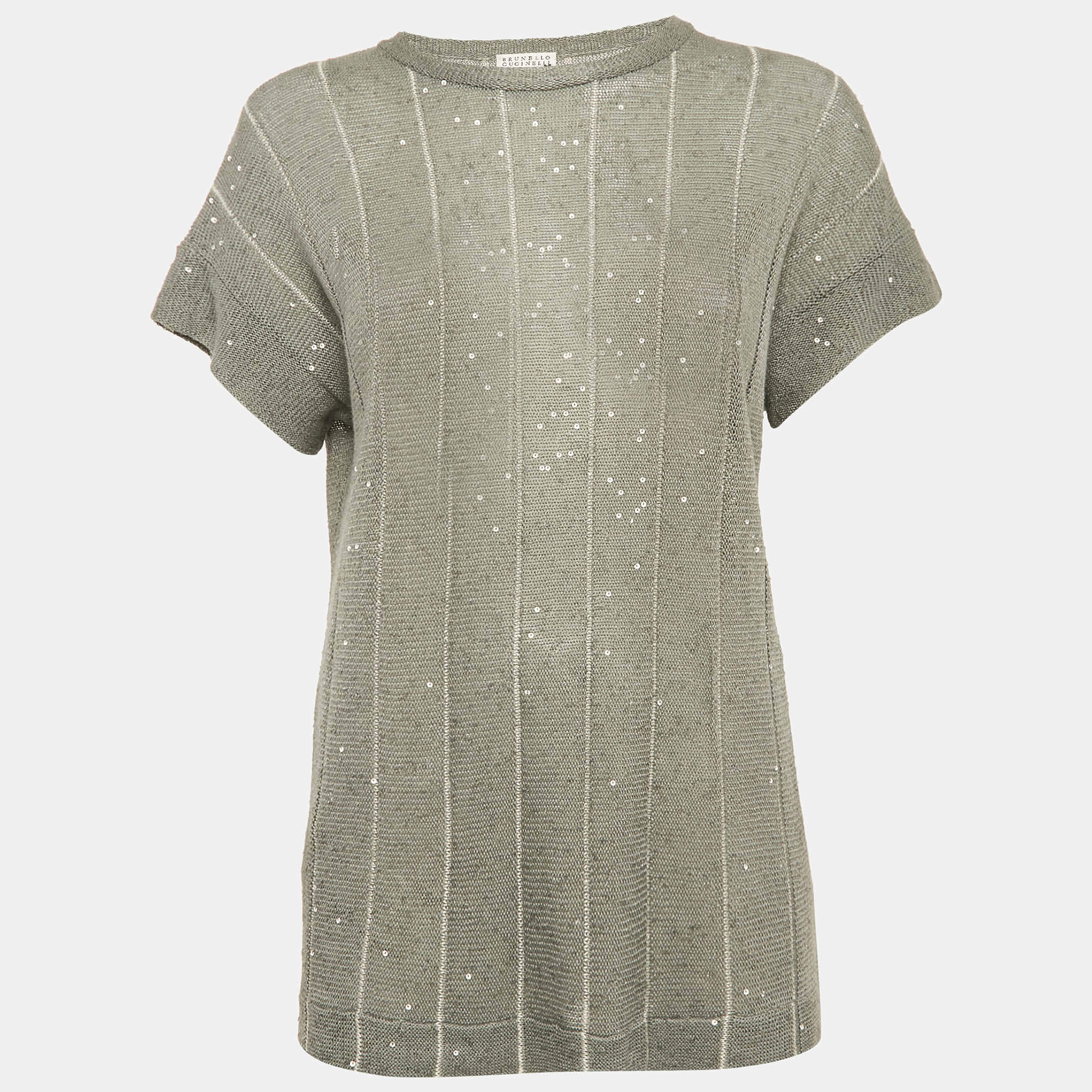 Brunello Cucinelli Grey Sequin Knit Sheer Top M