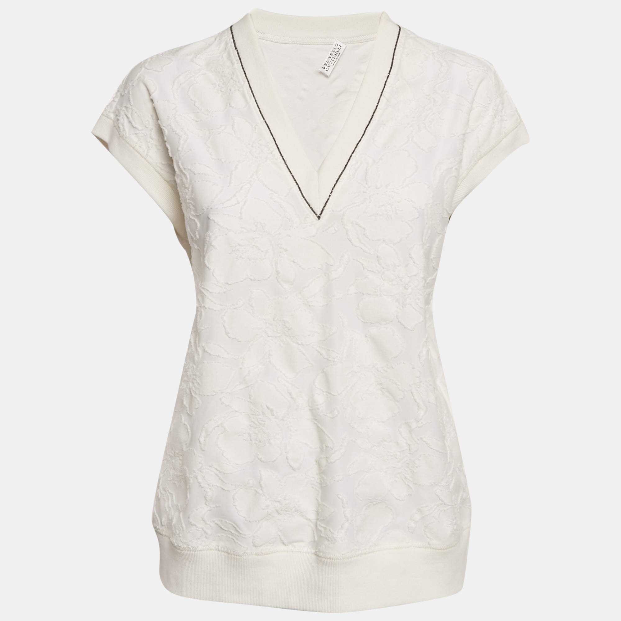 Pre Owned Brunello Cucinelli Off White Fil-coupe Jersey Monili Detail V-Neck Top L