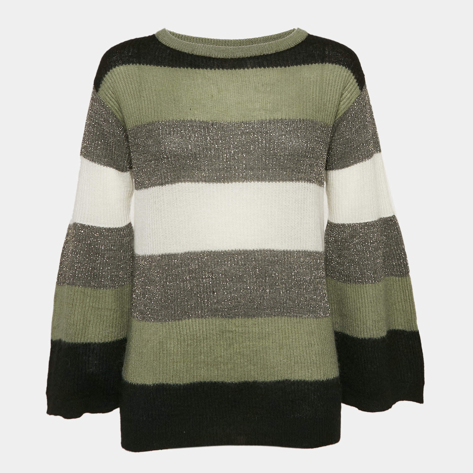 Brunello Cucinelli Multicolor Stripe Lurex Rib Knit Flared Sleeve Sweater M