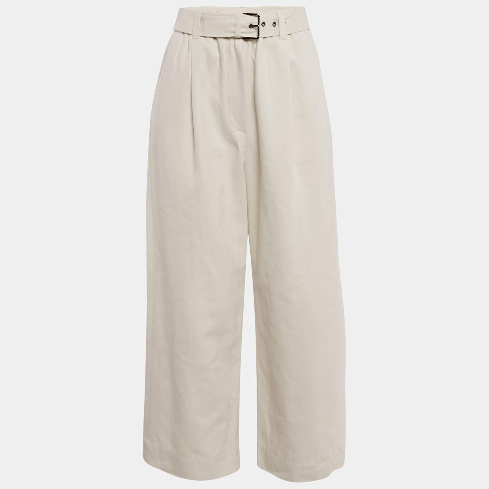 Pre Owned Brunello Cucinelli Off-White Cotton Blend Belted Wide-Leg Trousers S