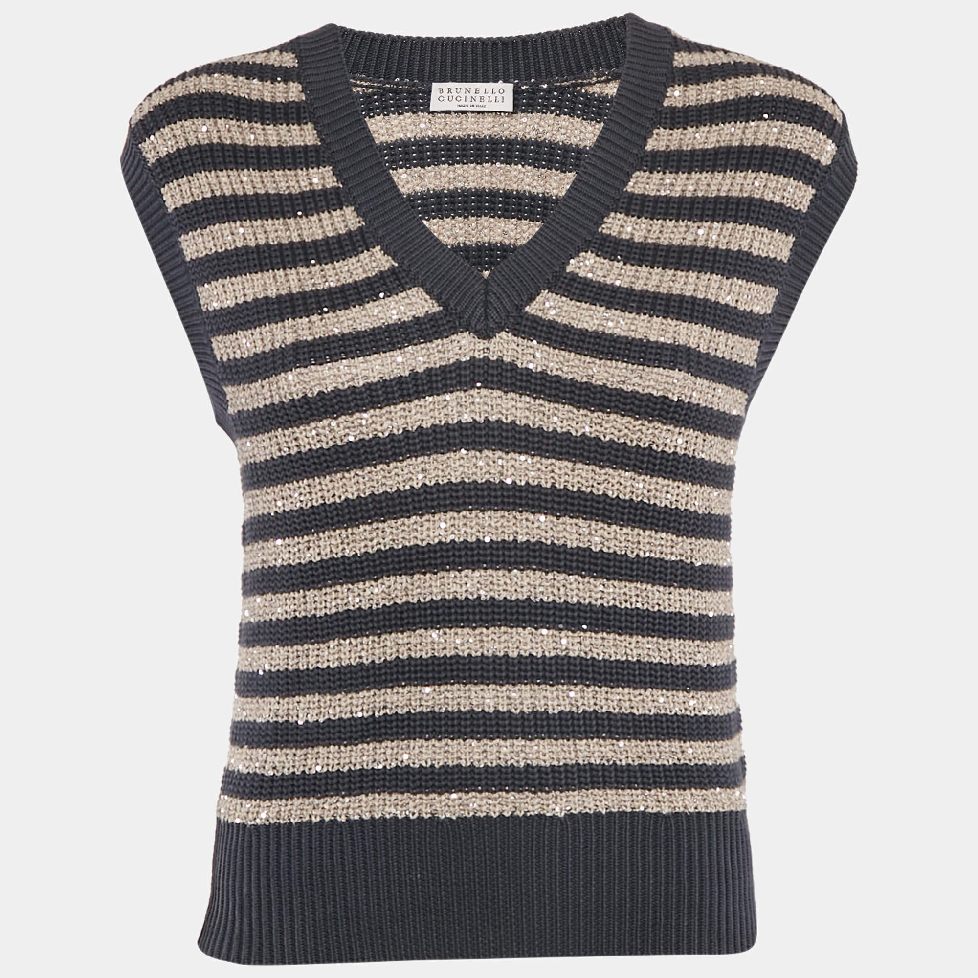 Pre Owned Brunello Cucinelli Beige/Blue Striped Cotton Knit Sequin Detail Sleeveless Sweater M