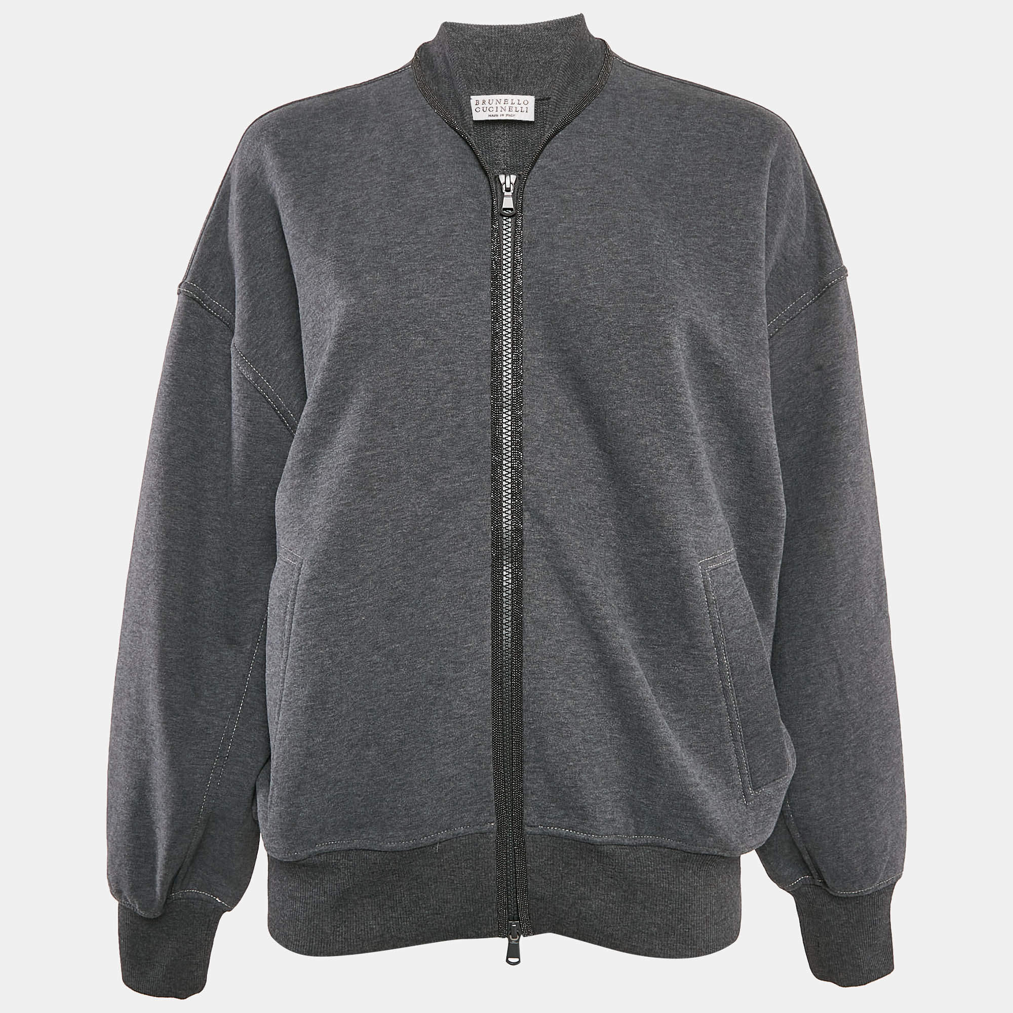 Pre Owned Brunello Cucinelli Grey Cotton Knit Monili Bead Detail Zip-Up Jacket M
