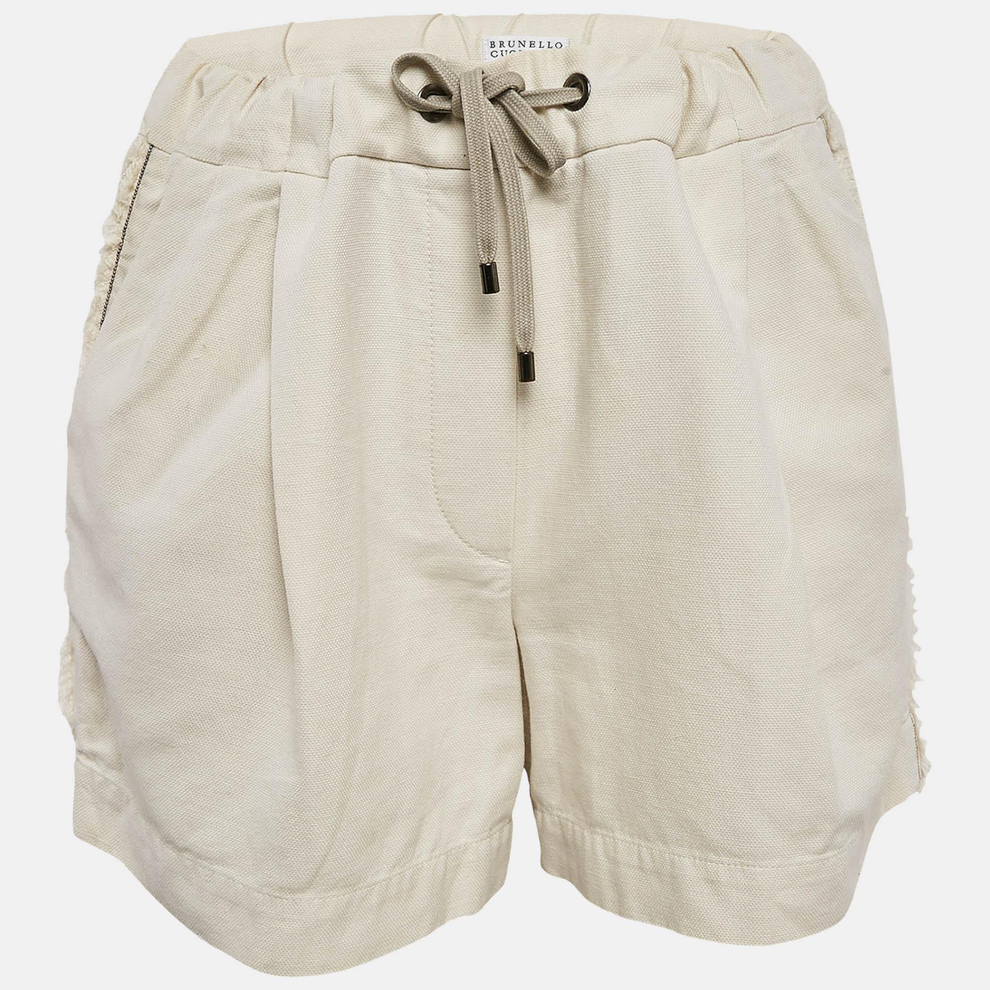 Pre Owned Brunello Cucinelli Beige Cotton Frayed and Monili Bead Side Detail Shorts M