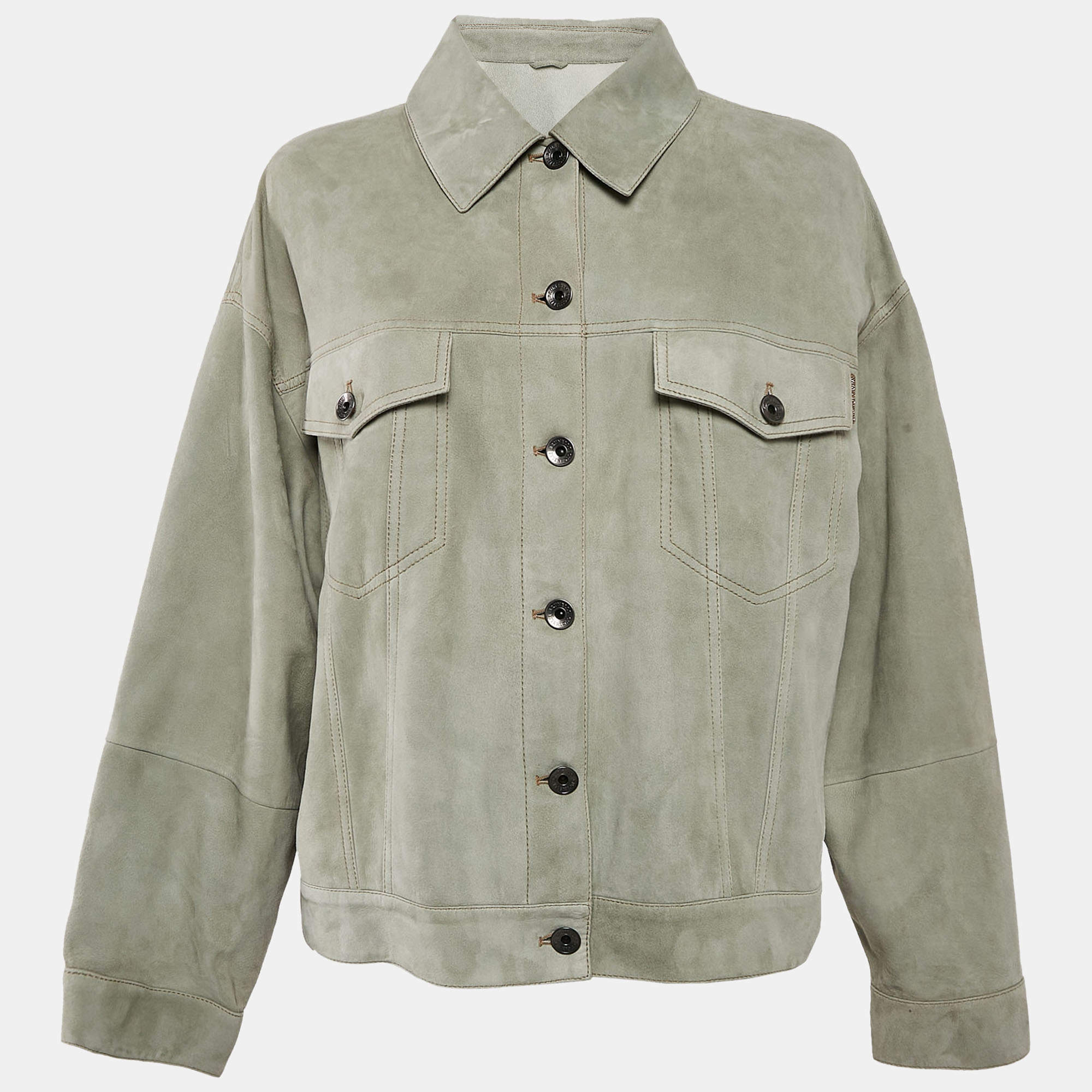 Pre Owned Brunello Cucinelli Light Green Single Breasted Suede Jacket L