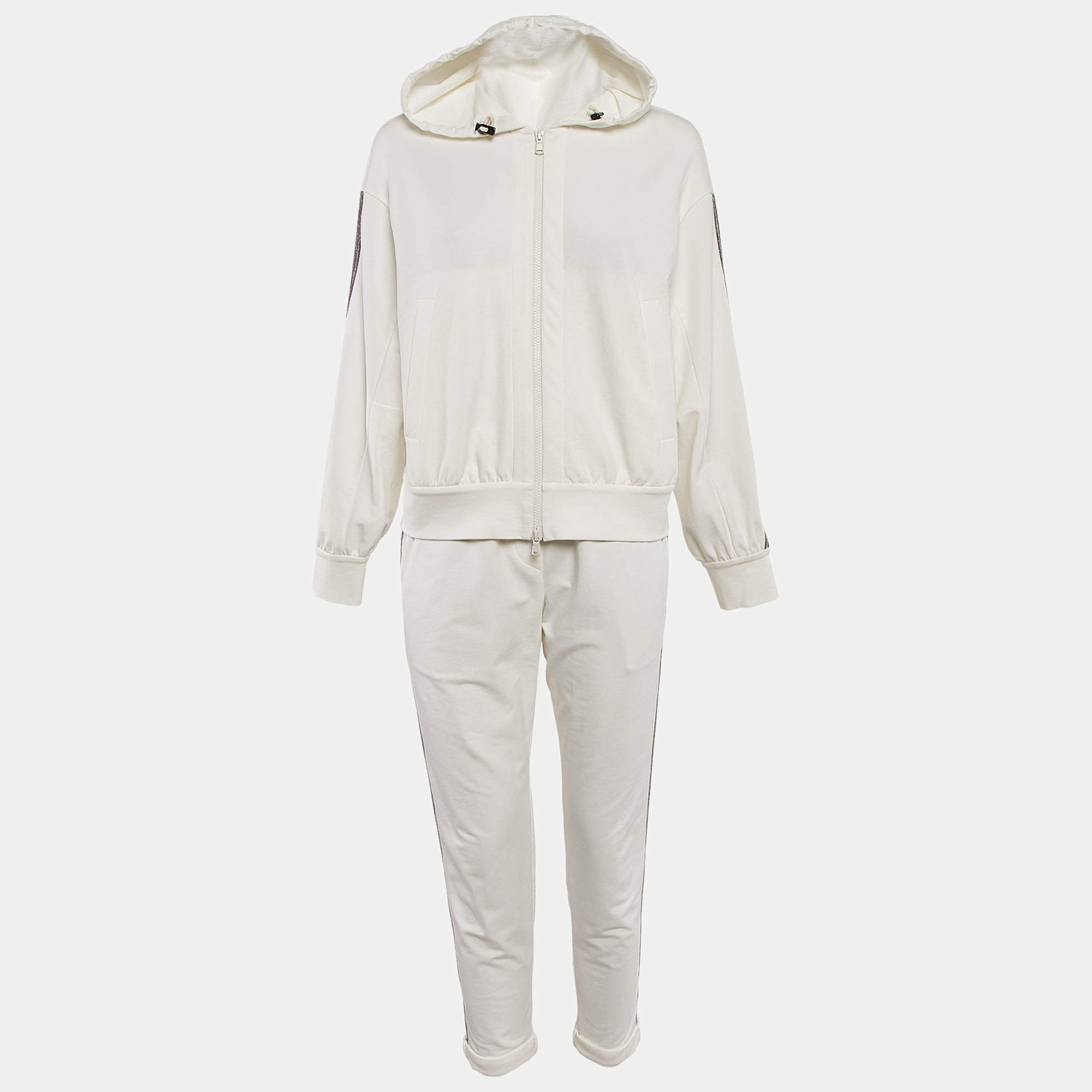 Pre Owned Brunello Cucinelli White Cotton Knit Monili Bead Detail Jacket and Pants Set S