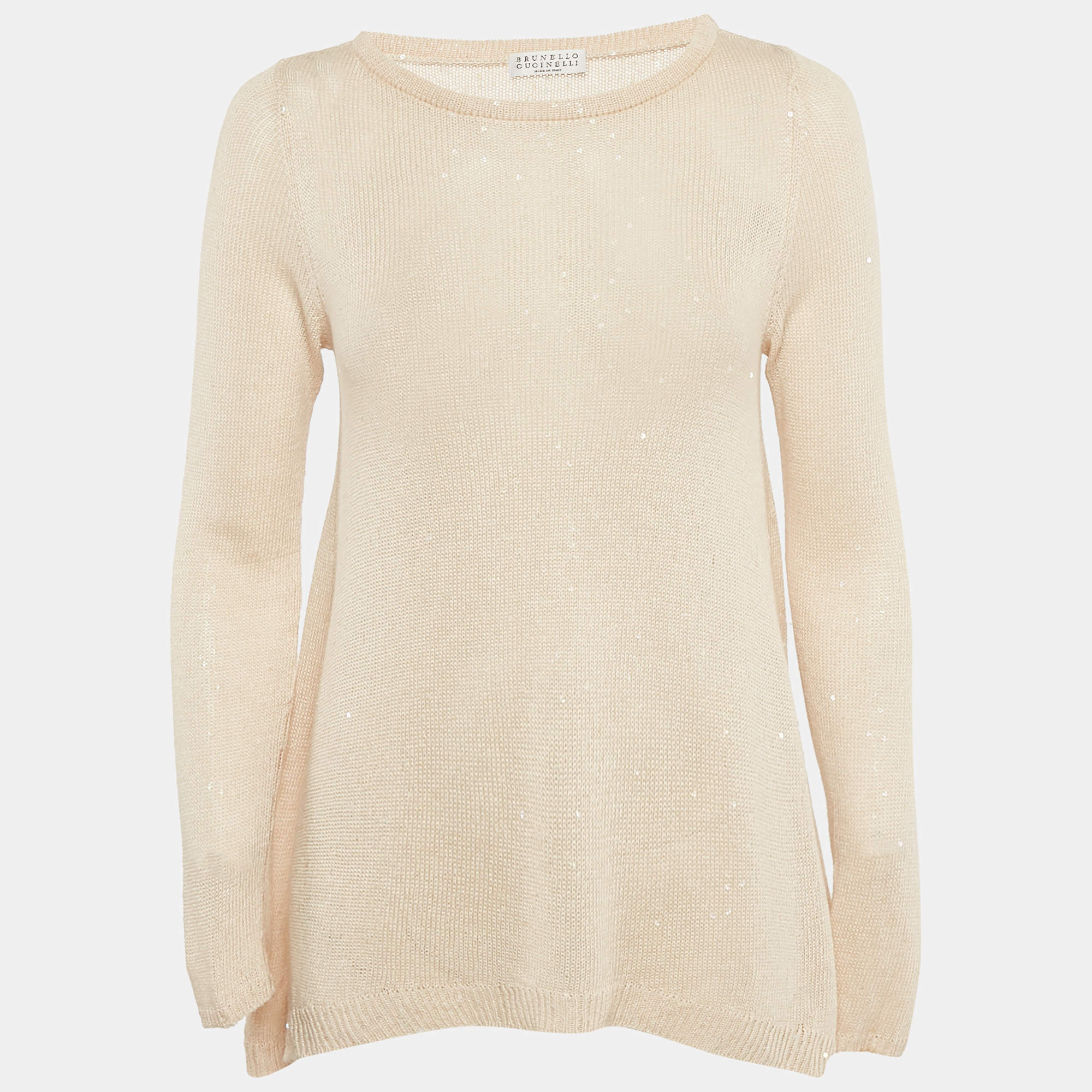 Brunello Cucinelli Beige Sequin Detail Linen and Silk Knit Top XS
