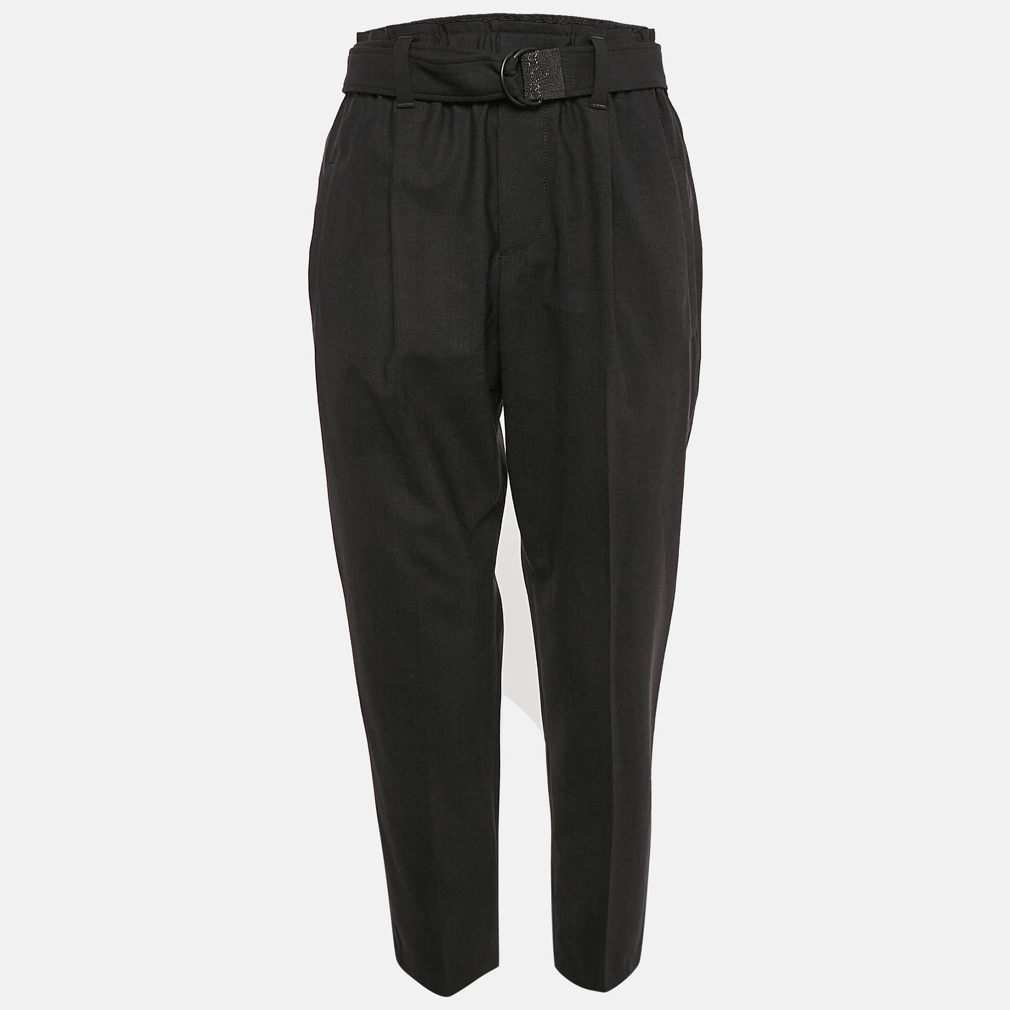 Brunello Cucinelli Grey Wool Blend Monili Detail Elasticized Waist Trousers S 