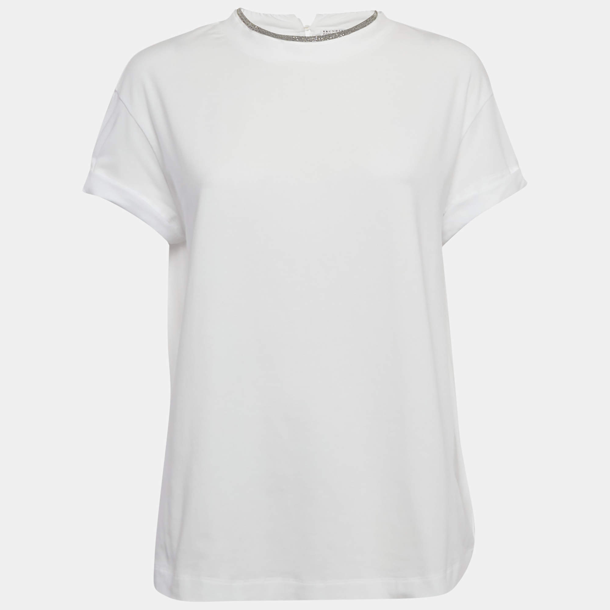 Pre Owned Brunello Cucinelli White Monili Trim Jersey T-Shirt L