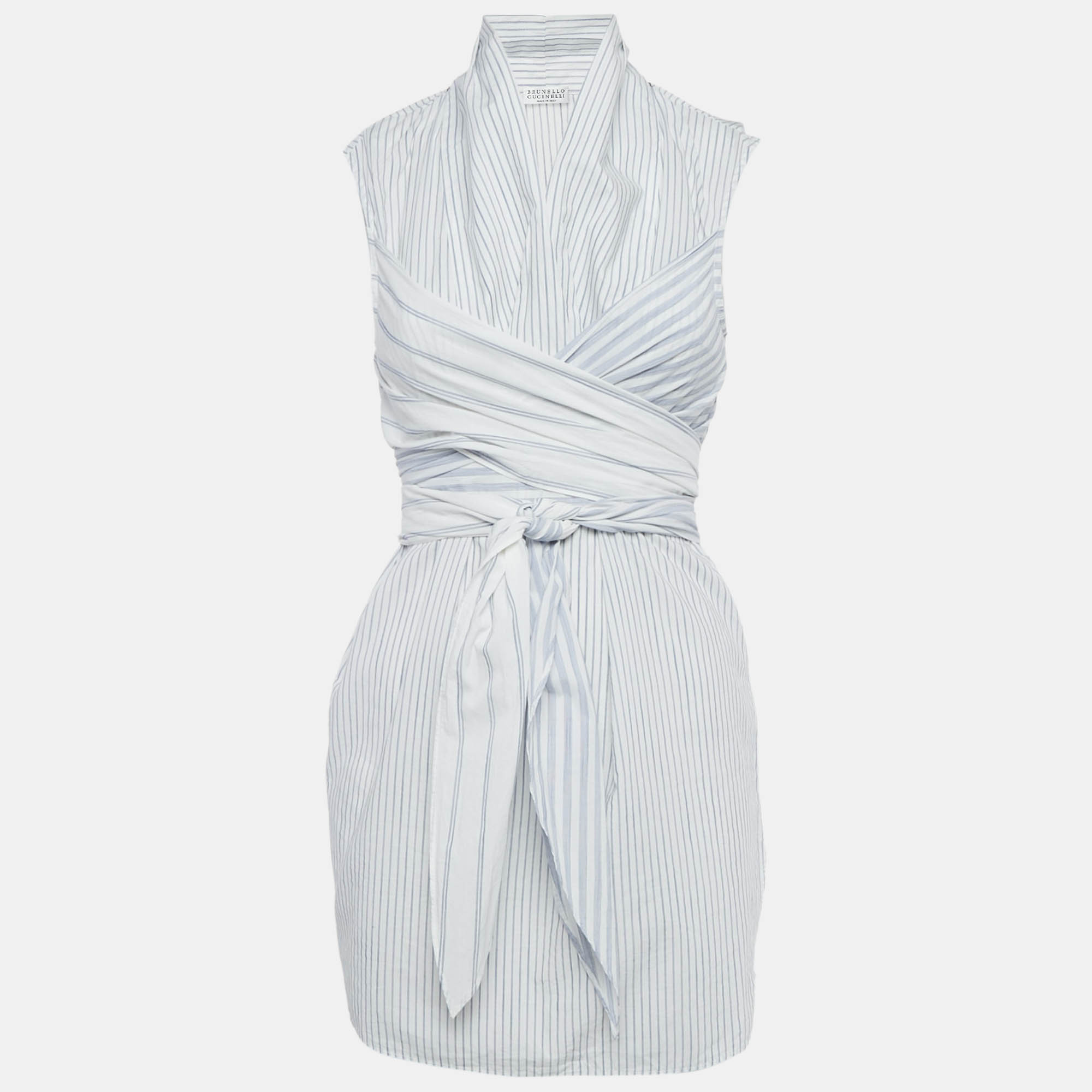 Pre Owned Brunello Cucinelli Blue Striped Cotton Tie-Up Detail Mini Dress M