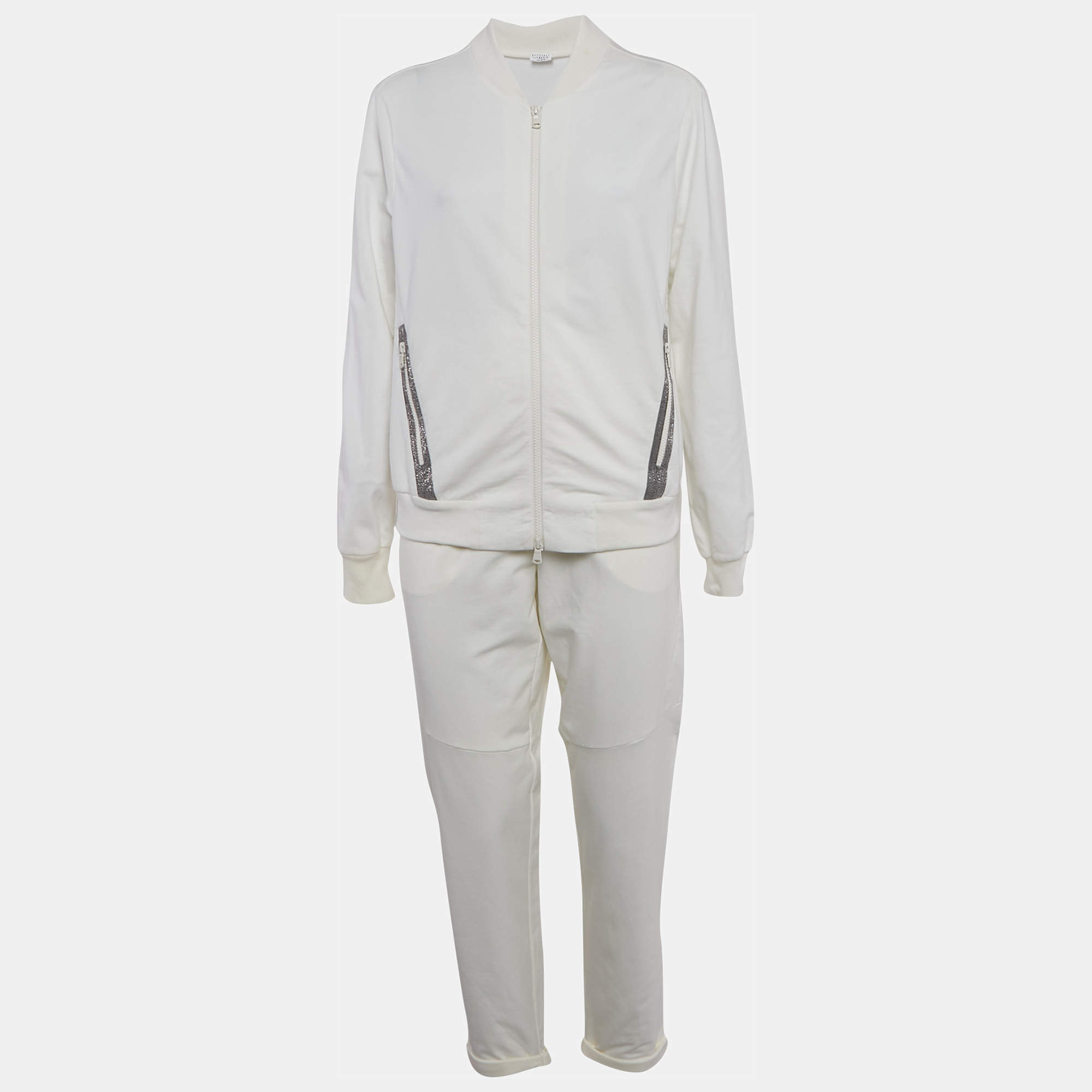 Brunello Cucinelli White Cotton Knit Monili Bead Detail Jacket and Joggers Set L