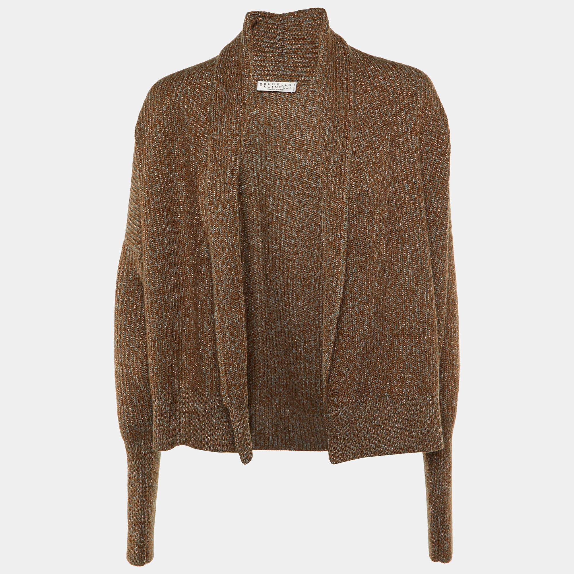 Brunello Cucinelli Grey/Metallic Wool Knit Open Front Cardigan S