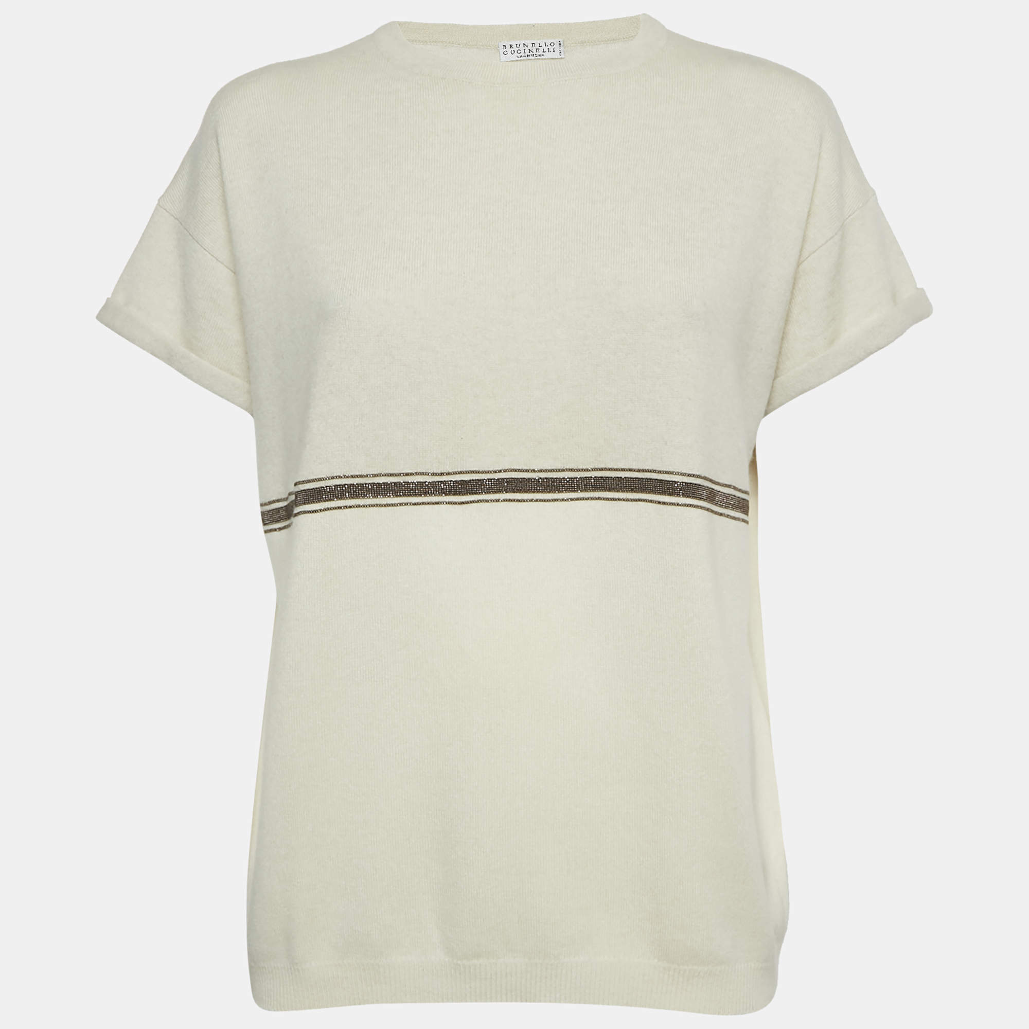Brunello Cucinelli Cream Cashmere Monilli Bead Detail Crew Neck Top S