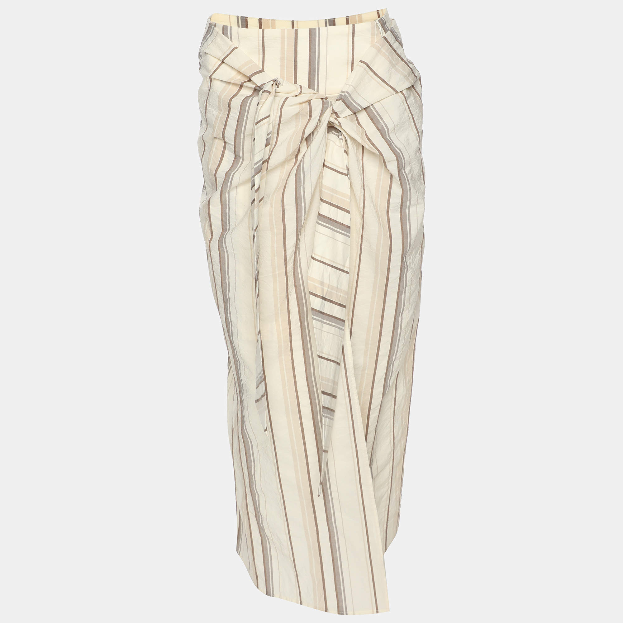 Brunello Cucinelli Cream Stripe Print Cotton Blend Long Skirt S