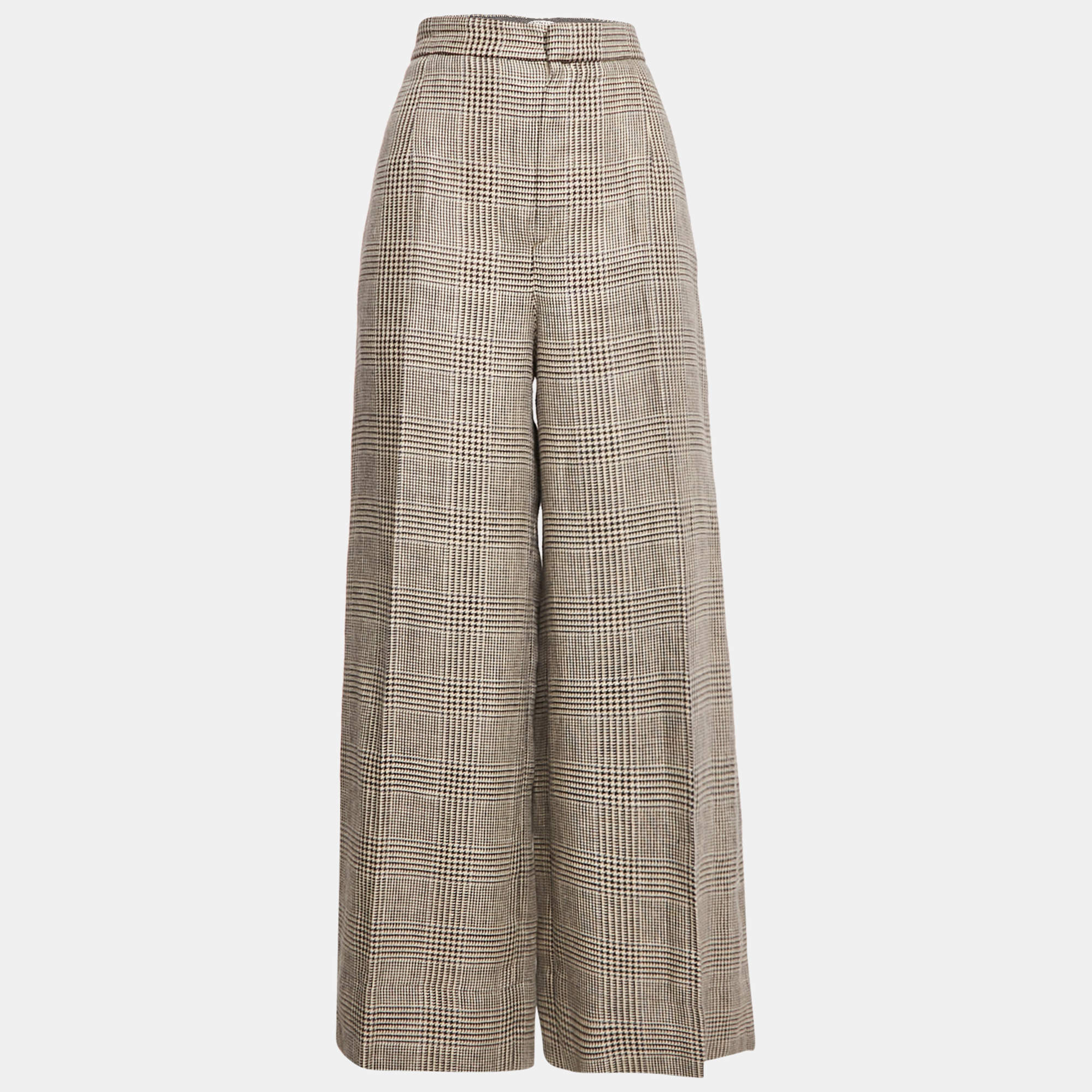 Pre Owned Brunello Cucinelli Cream Houndstooth Linen Wide-Leg Trousers M