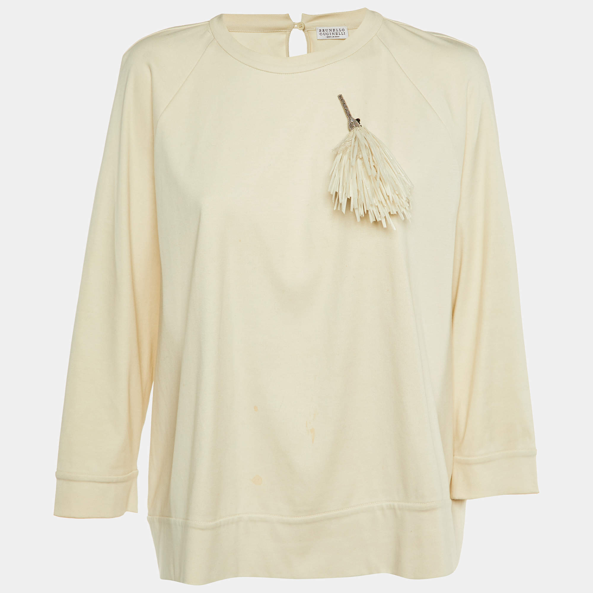 Pre Owned Brunello Cucinelli Beige Cotton Knit Brooch Detail Sweater XL