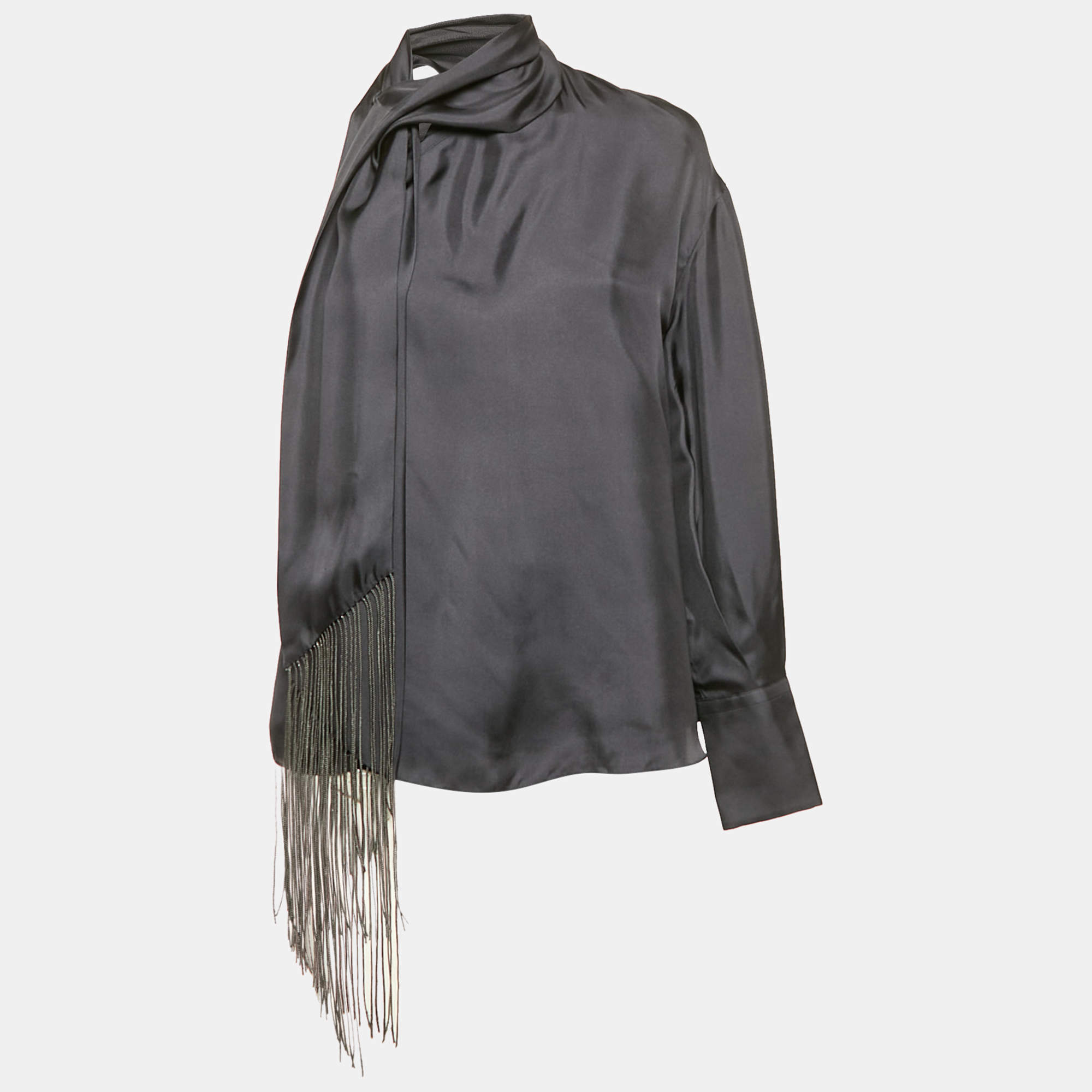 Brunello Cucinelli Blue Monili Detail Silk Asymmetric Sleeve Top S