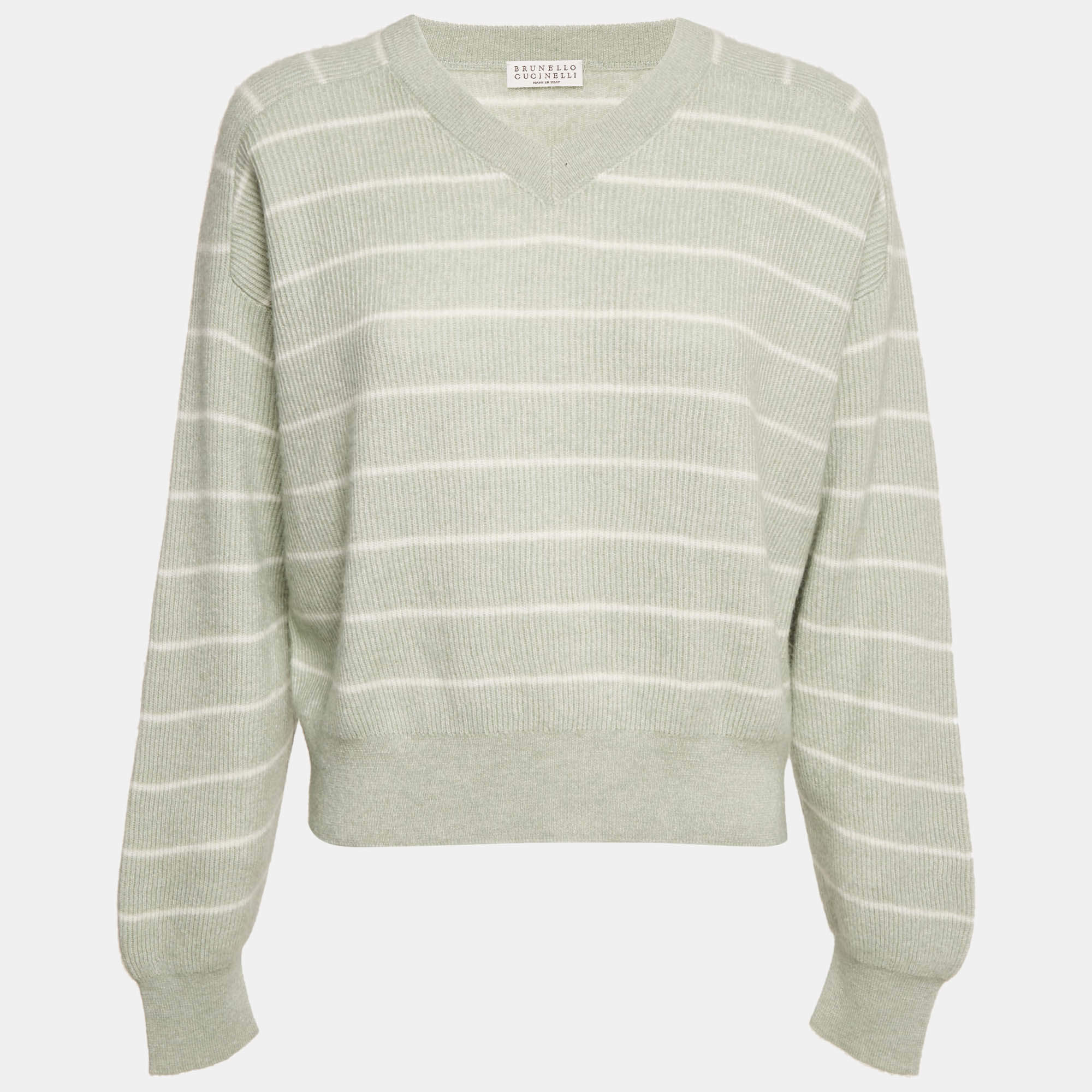 Brunello Cucinelli Pastel Green Striped Cashmere Sweater M
