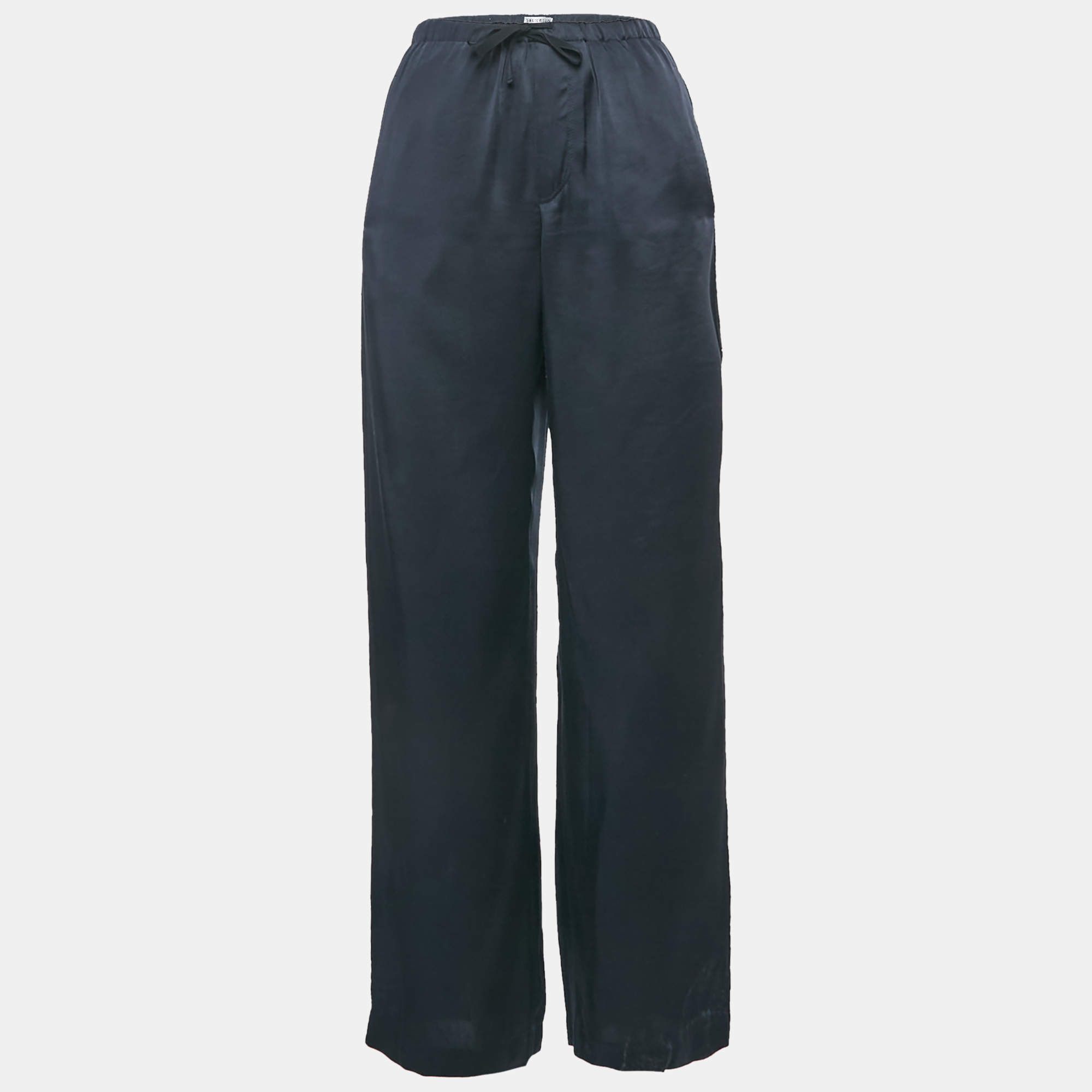 Brunello Cucinelli Navy Blue Monili Detail Satin Wide-Leg Trousers M
