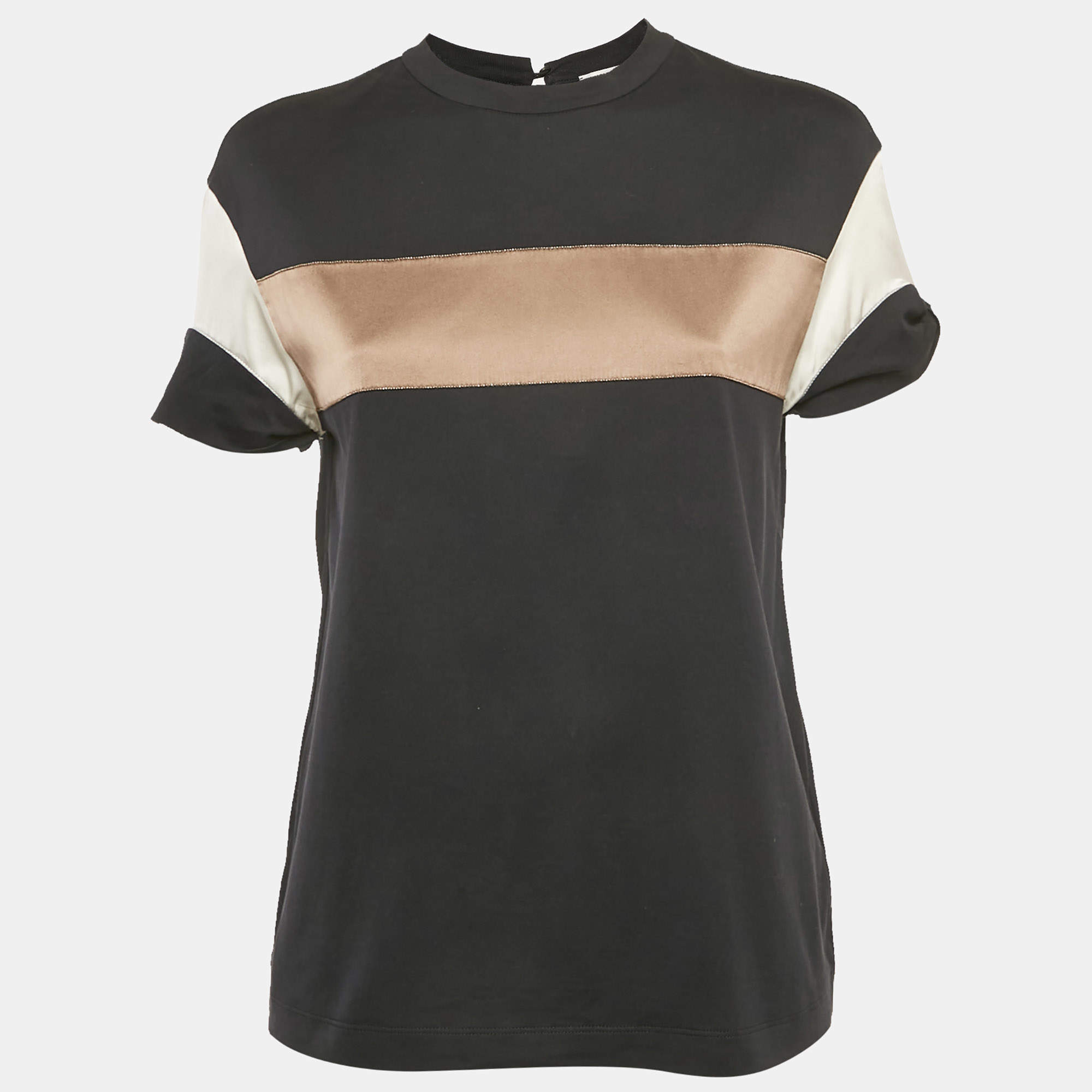 Brunello Cucinelli Black Satin Jersey Monili Detail Top XS