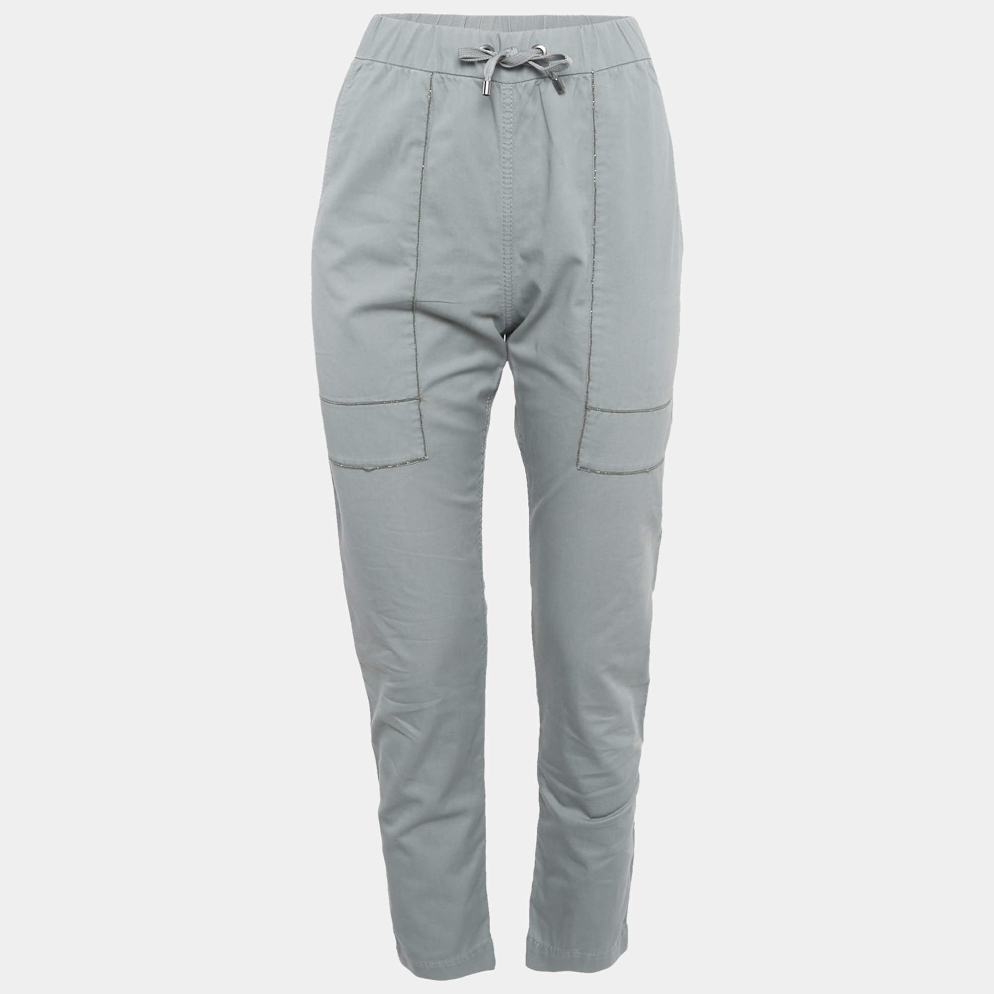 Pre Owned Brunello Cucinelli  Blue Gabardine Monili Detail Trousers S