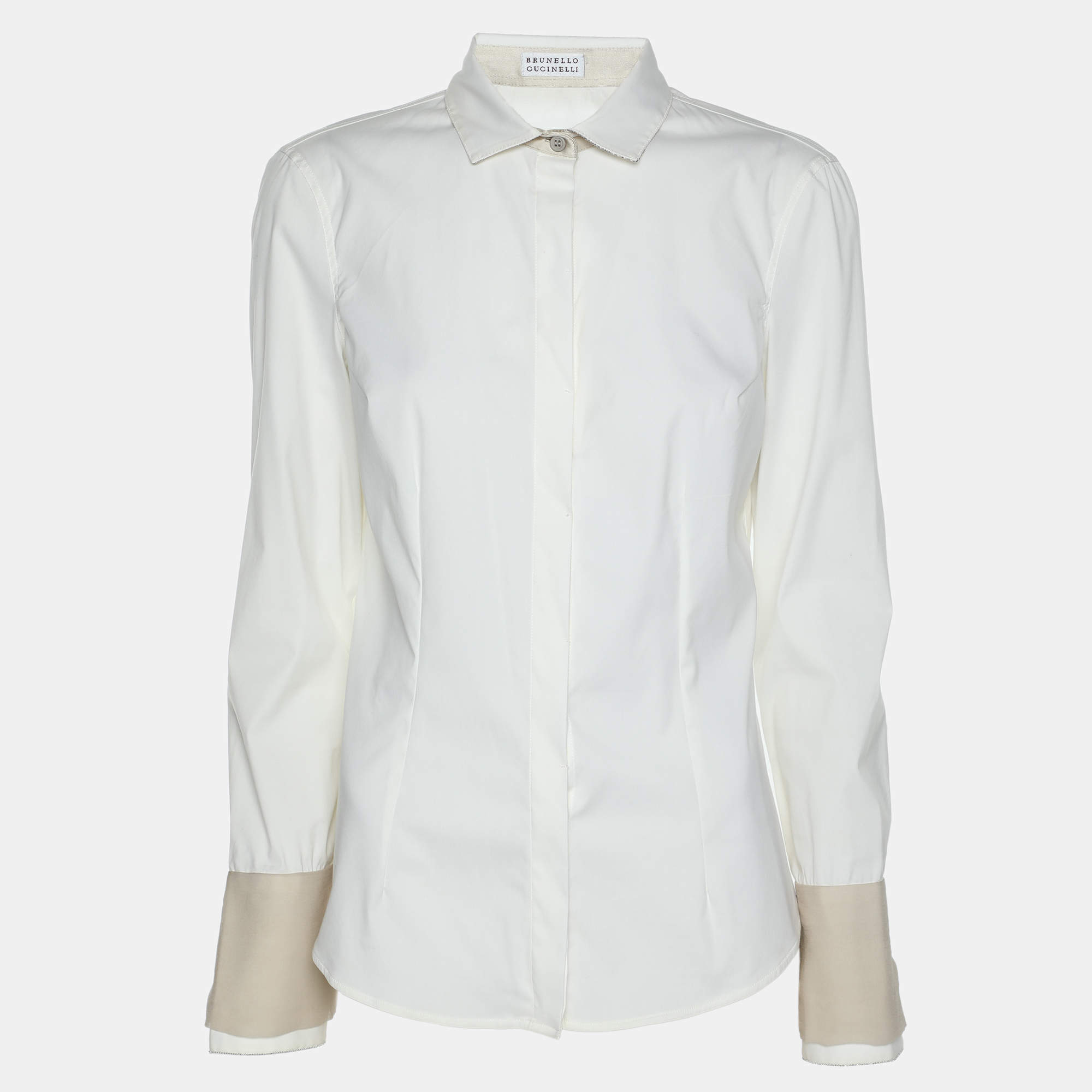 Brunello Cucinelli Off White Jersey Silk Embellished Button Front Shirt XS