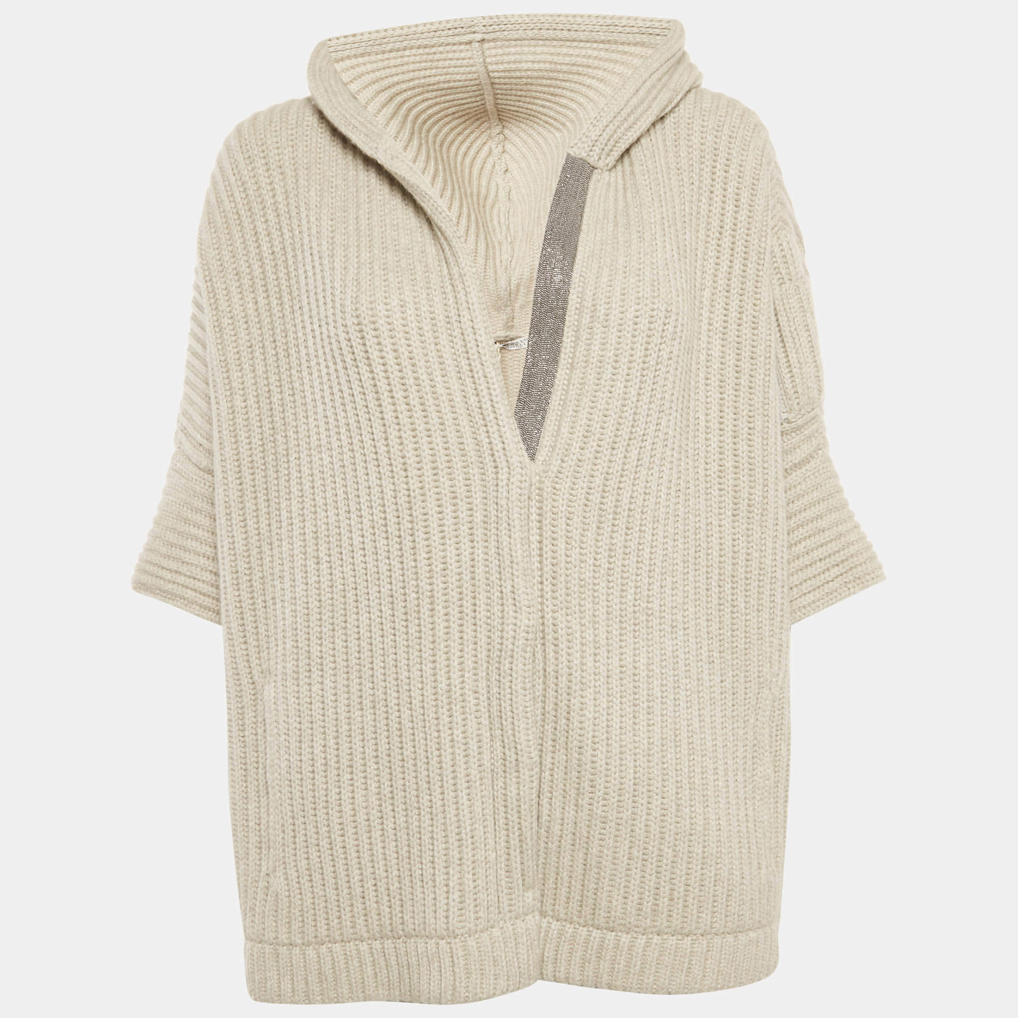 Pre Owned Brunello Cucinelli Grey Cashmere Rib Monile Hooded Cardigan S