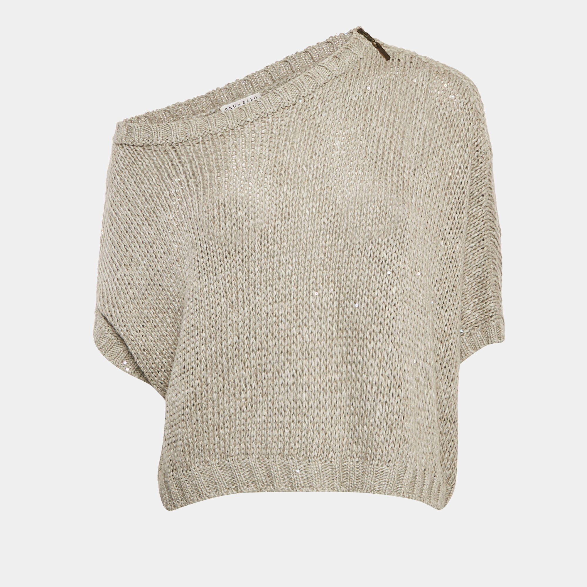 Pre Owned Brunello Cucinelli Grey Sequin Rib Knit Short Sleeve Sweater L