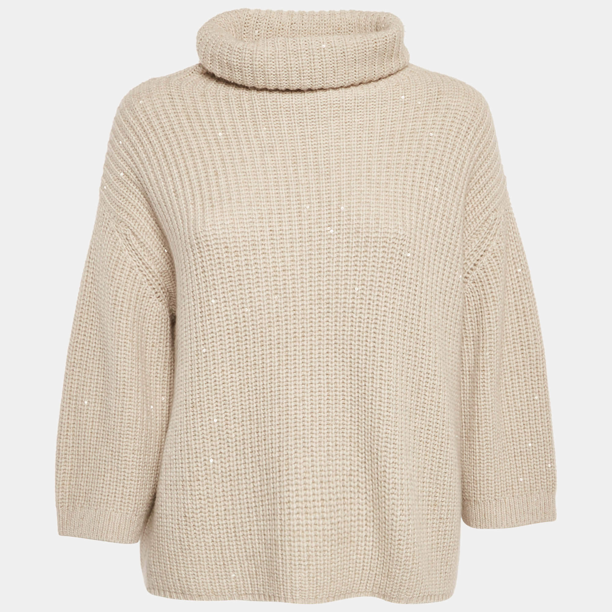 Pre Owned Brunello Cucinelli Beige Sequin Rib Knit Turtle Neck Sweater L