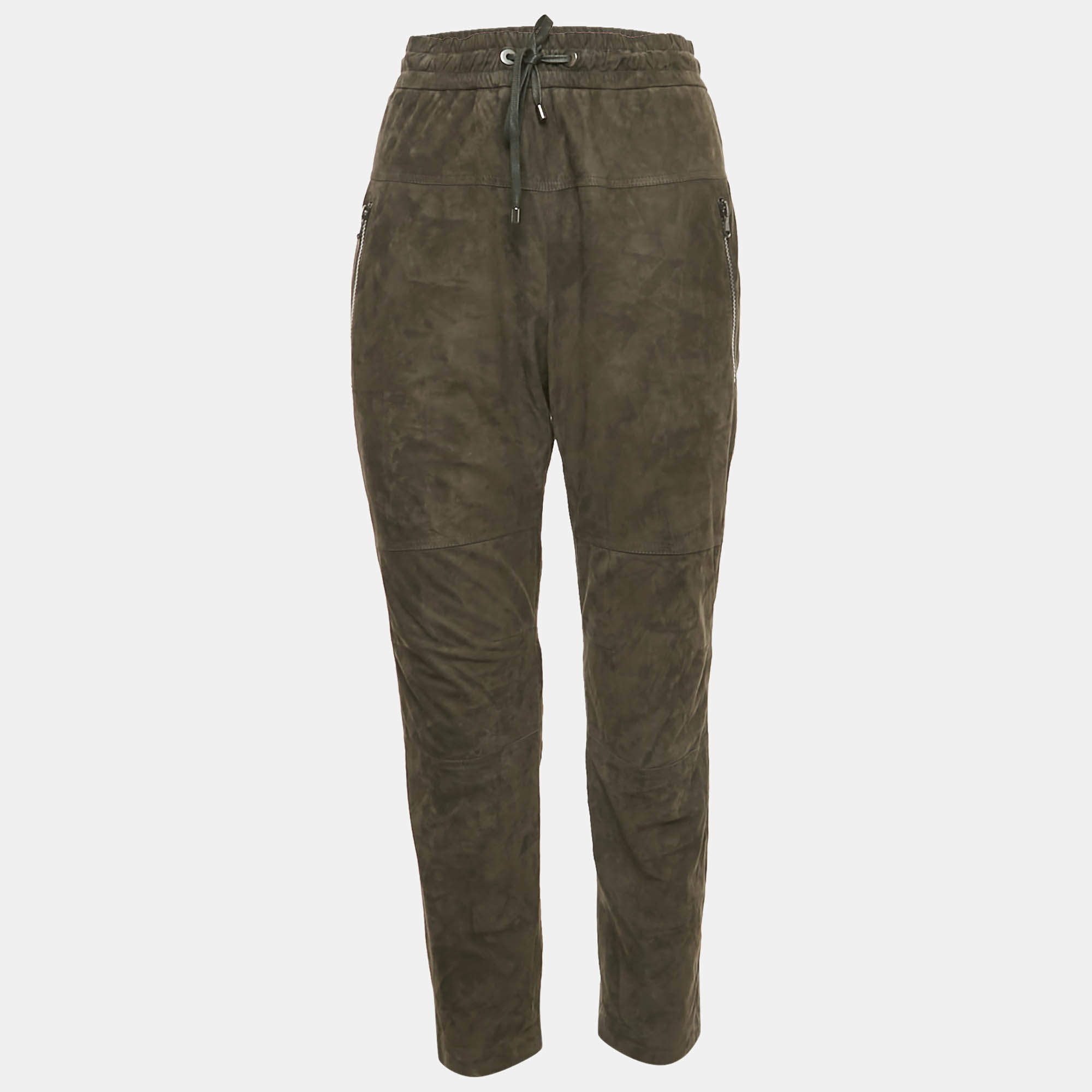 Pre Owned Brunello Cucinelli Olive Green Suede Zipper Detail Trouser M