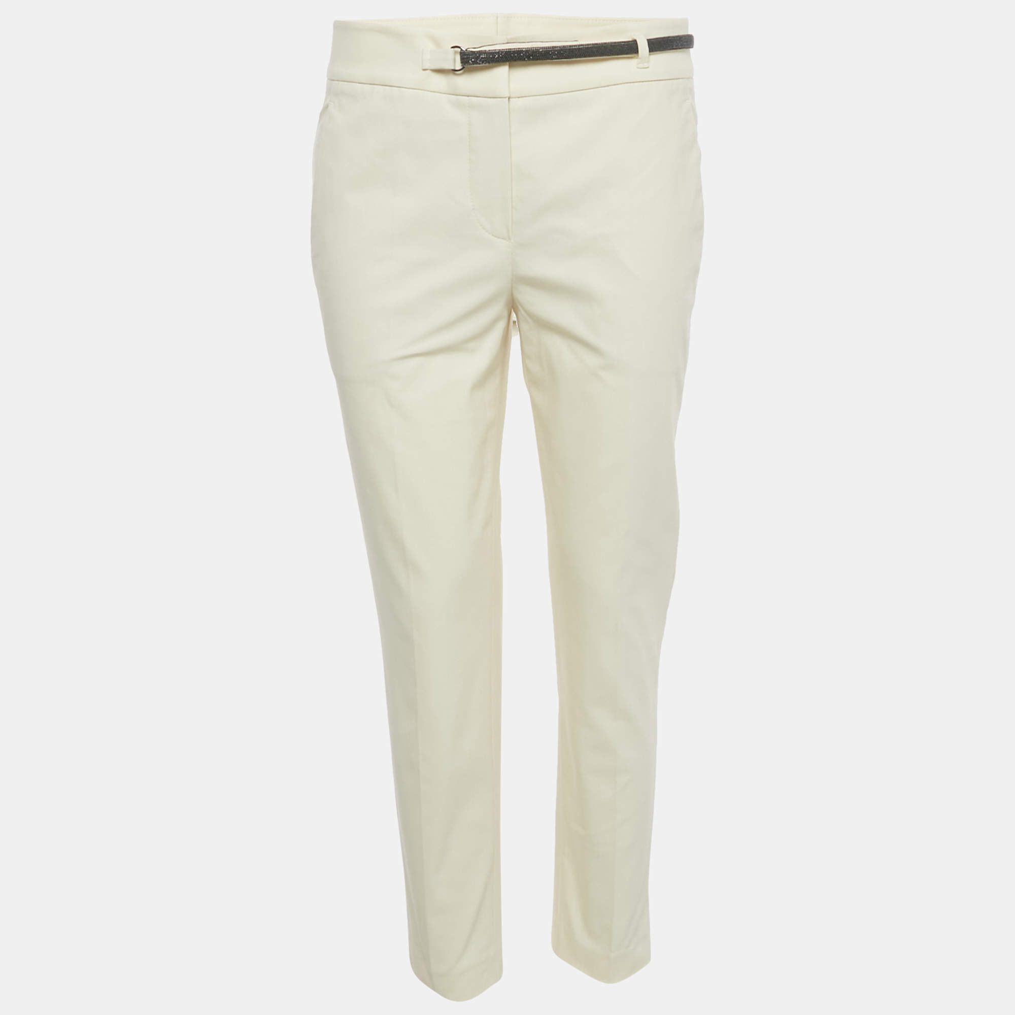 Pre Owned Brunello Cucinelli Cream Cotton Monili Belt Detail Trousers M Waist 32"