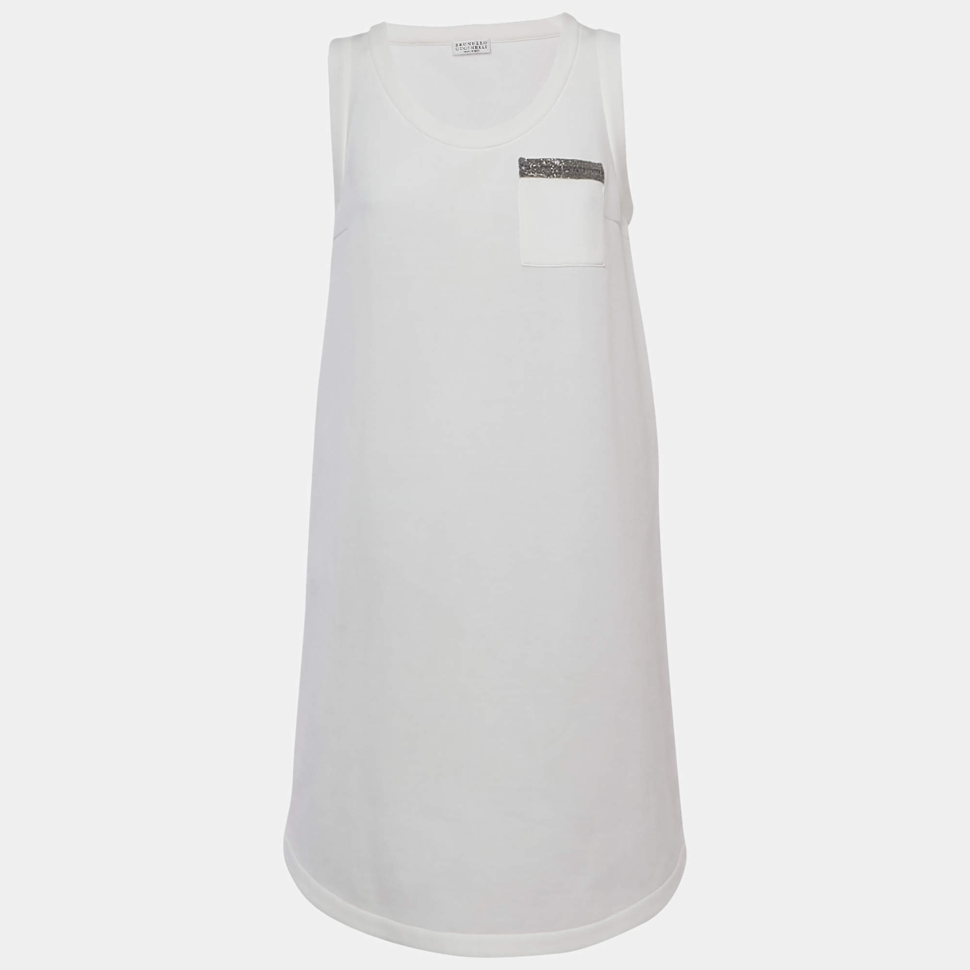 Pre Owned Brunello Cucinelli White Jersey Monili Pocket Detail Sleeveless Mini Dress L