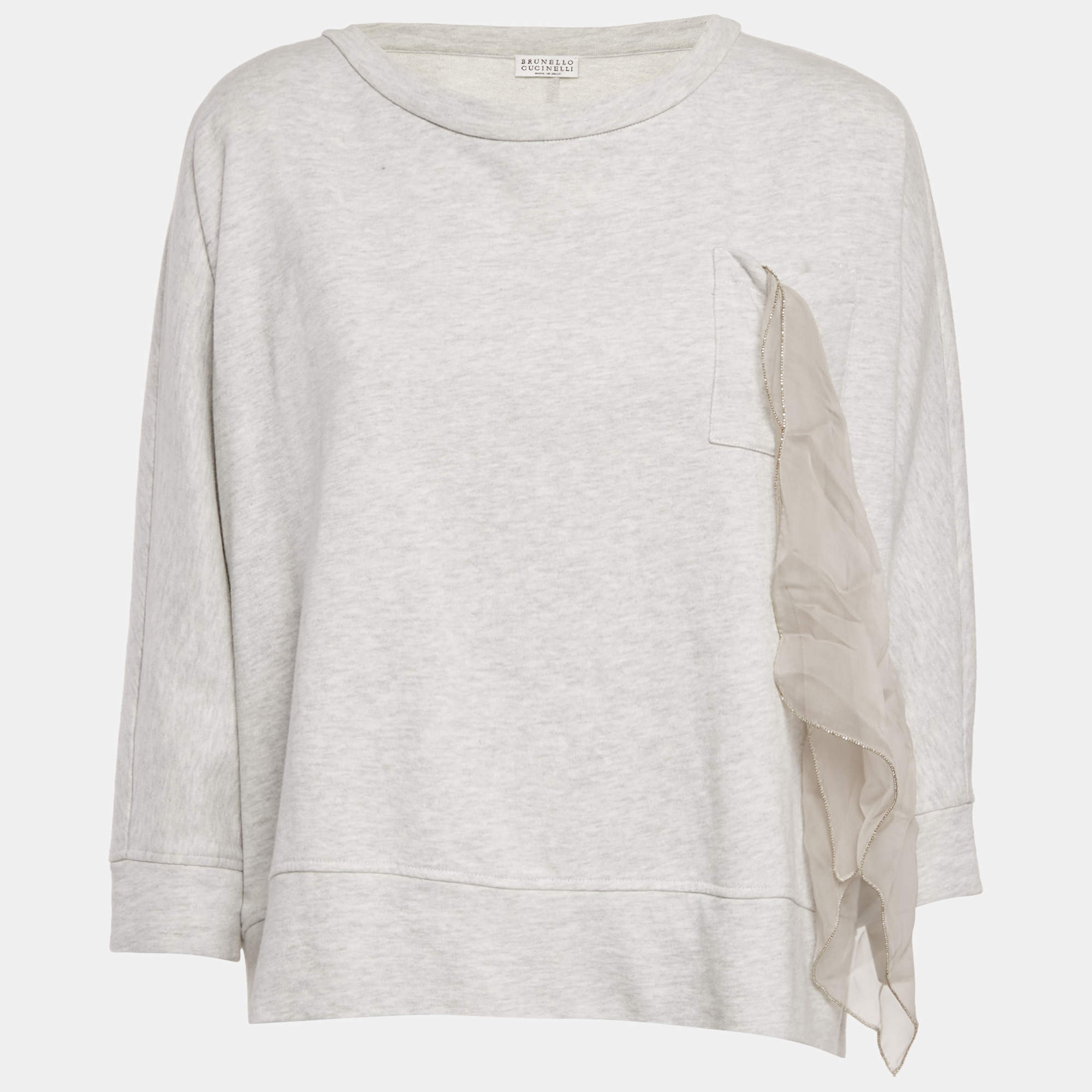 Pre Owned Brunello Cucinelli Grey Cotton Jersey Ruffled Monili Pocket Detail Sweatshirt XS