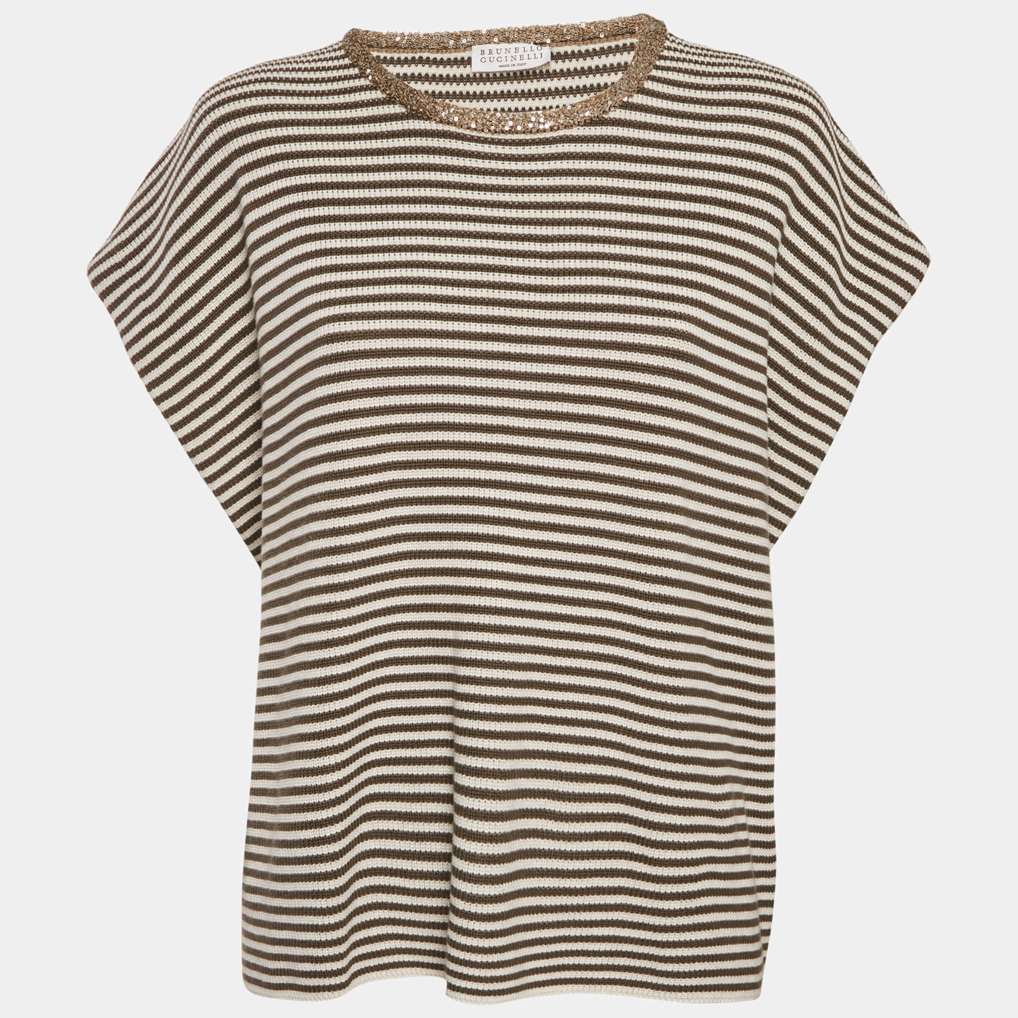 Pre Owned Brunello Cucinelli Brown Stripe Knit Embellished Sweater M