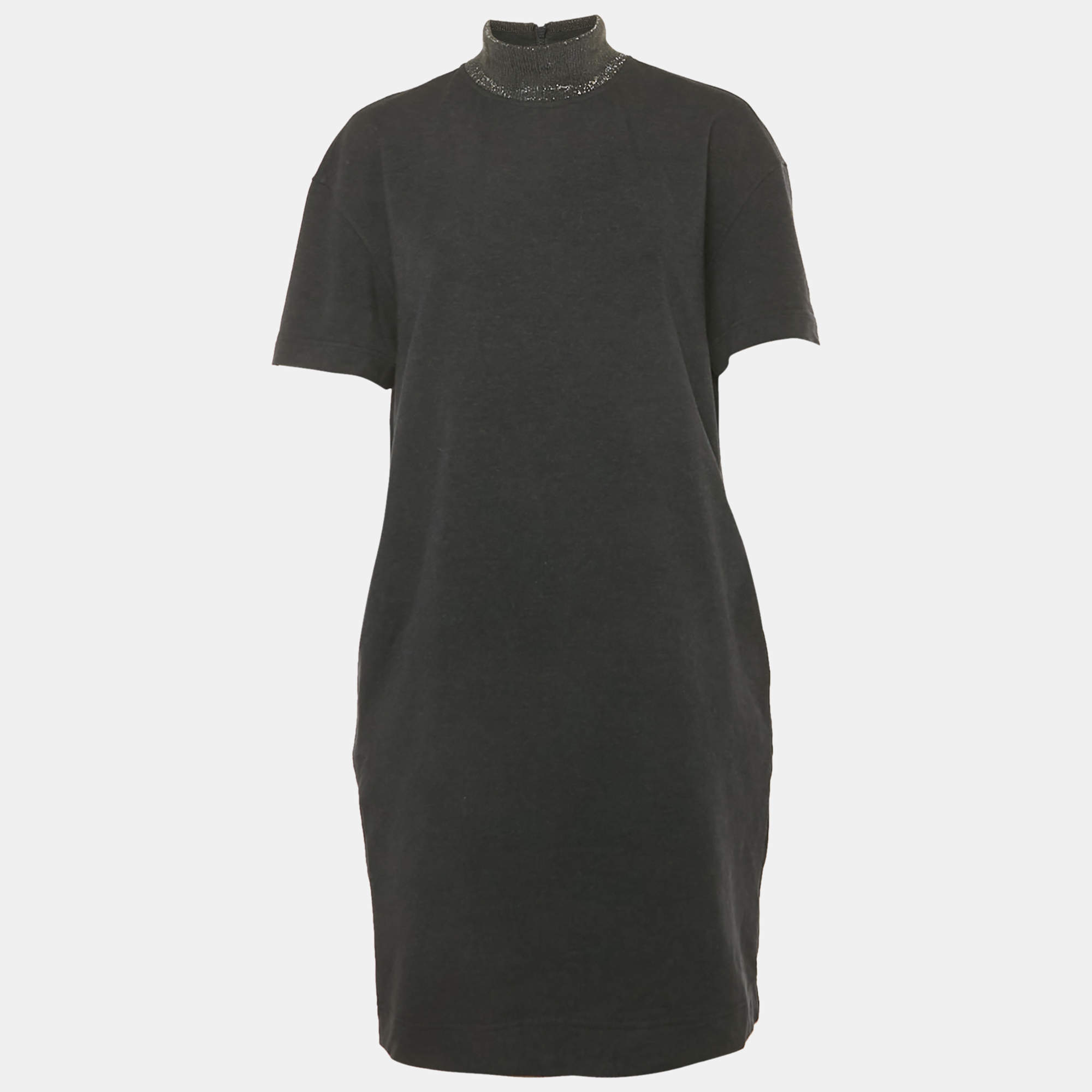 Pre Owned Brunello Cucinelli Charcoal Grey Cotton Knit Monili Trim Detail Shift Dress L
