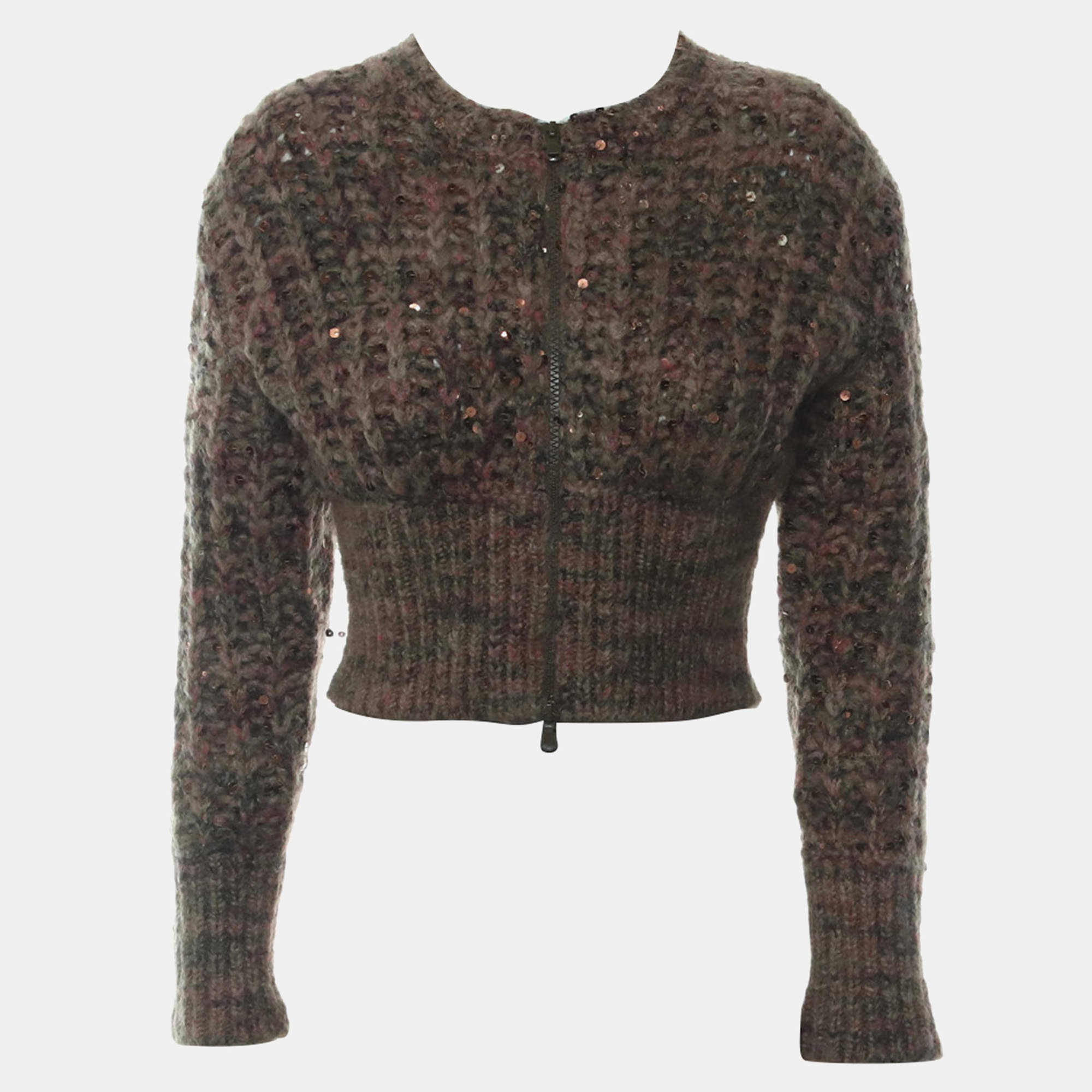 Pre Owned Brunello Cucinelli Cashmere Blend Zip-up Cropped Cardigan with Sequins All-over