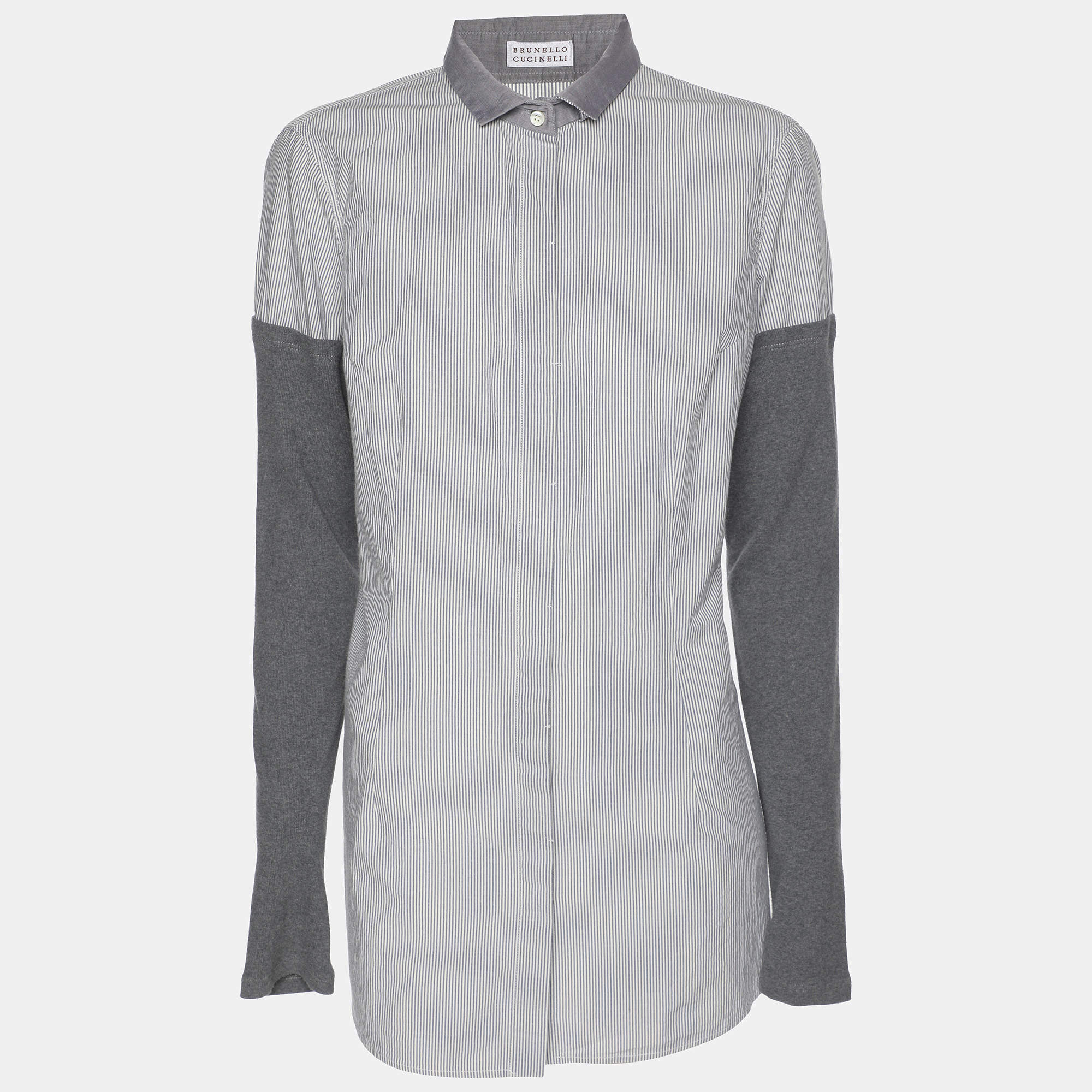 Pre Owned Brunello Cucinelli Grey/Off White Pin Stripe Cotton and Cashmere Long Sleeve Shirt M