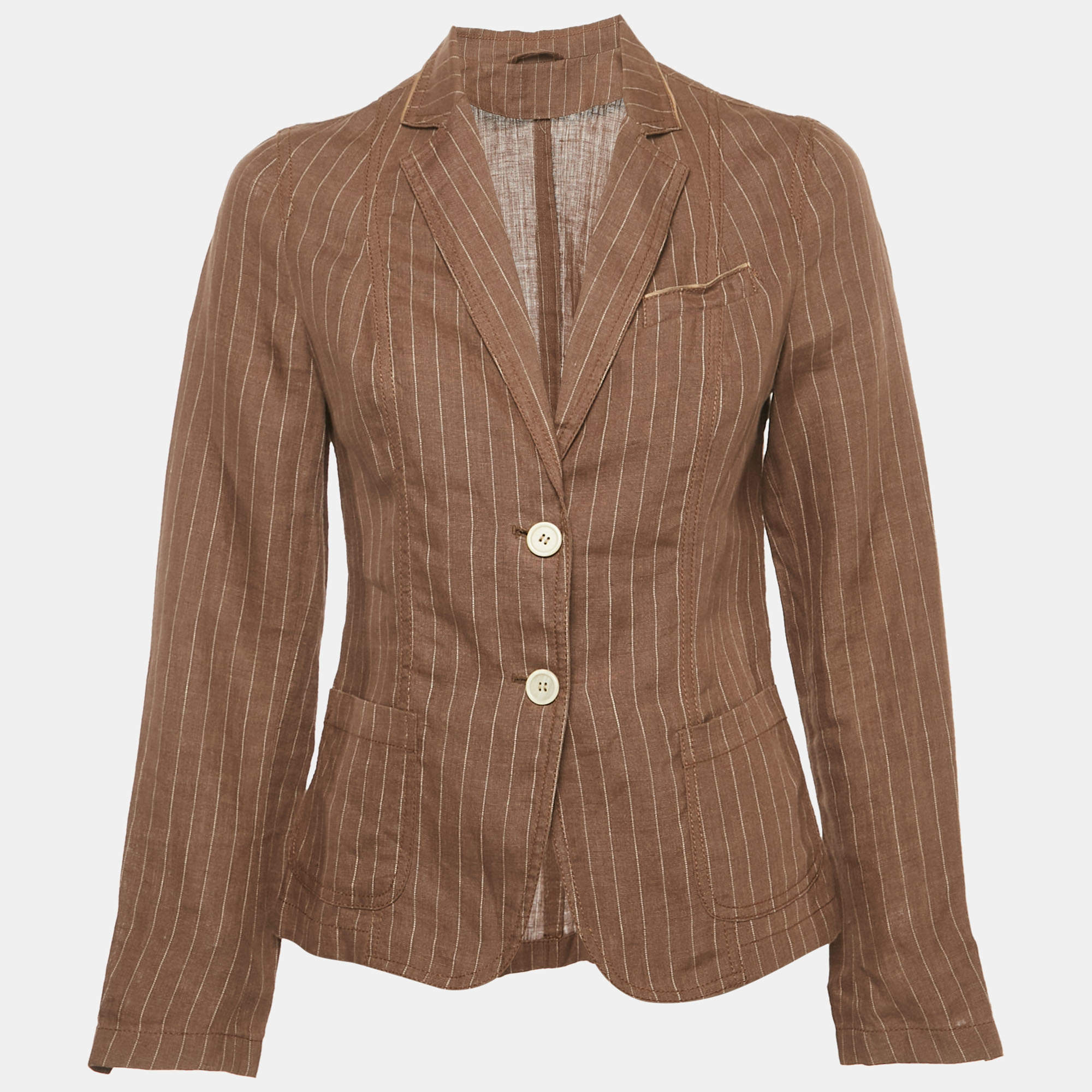 Pre Owned Brunello Cucinelli Brown Stripe Linen Single Breasted Blazer M