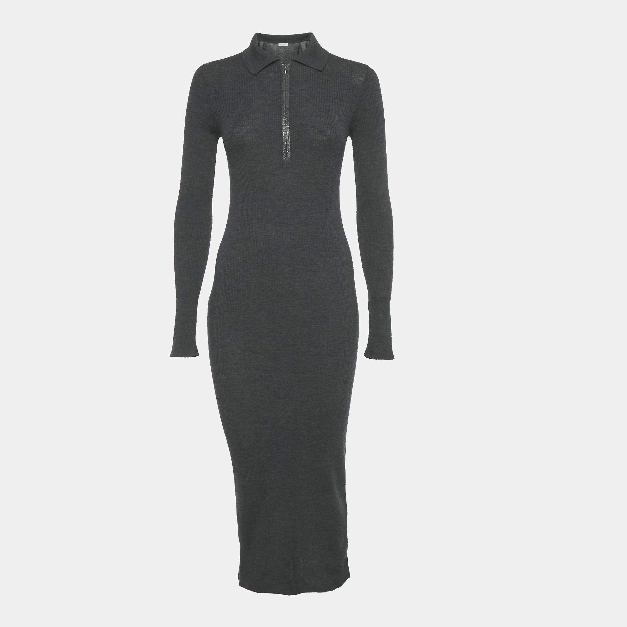 Pre Owned Brunello Cucinelli Dark Grey Wool Embellished Trim Sweater Midi Dress S