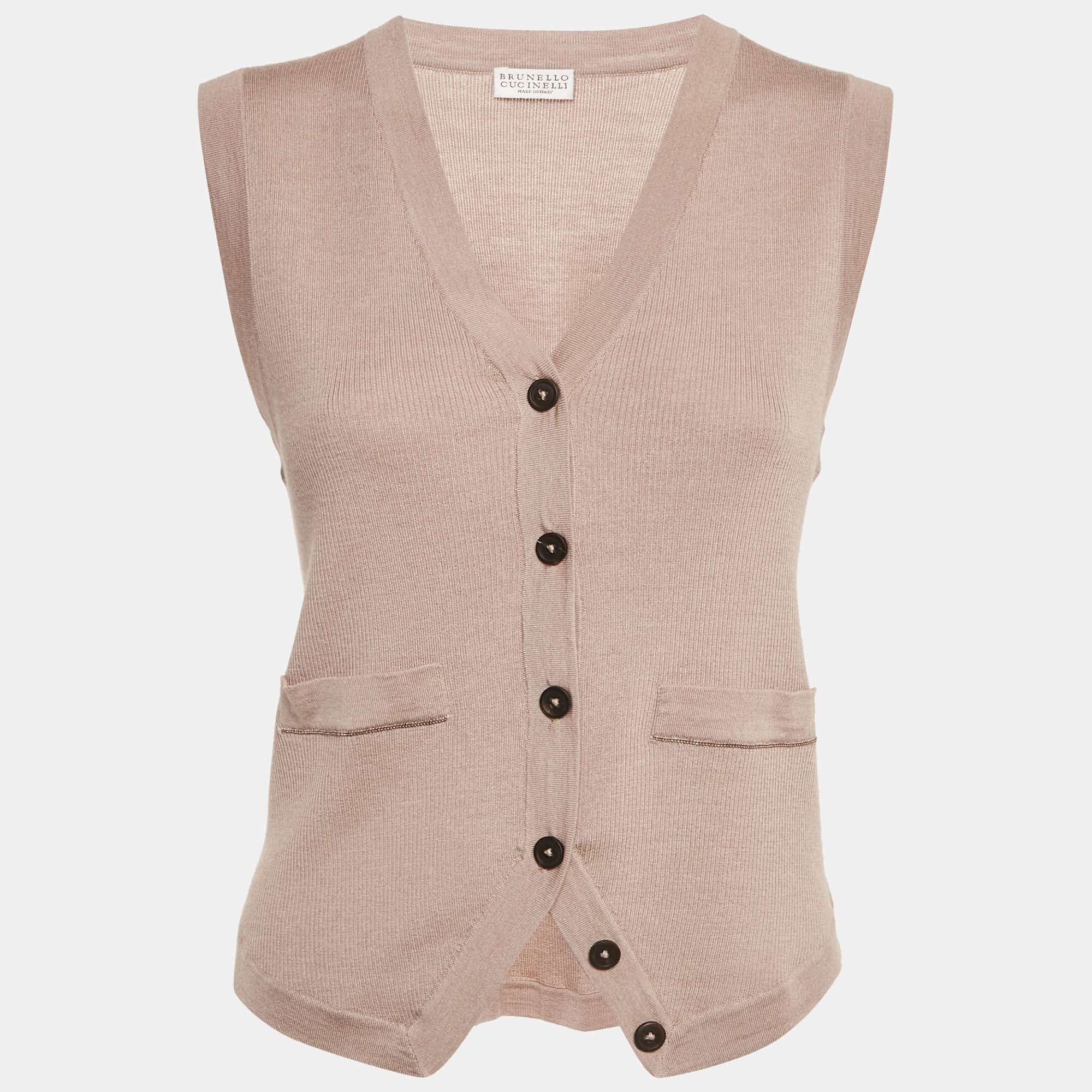 Pre Owned Brunello Cucinelli Beige Rib Knit Sleeveless Monili Bead Detail Cardigan S