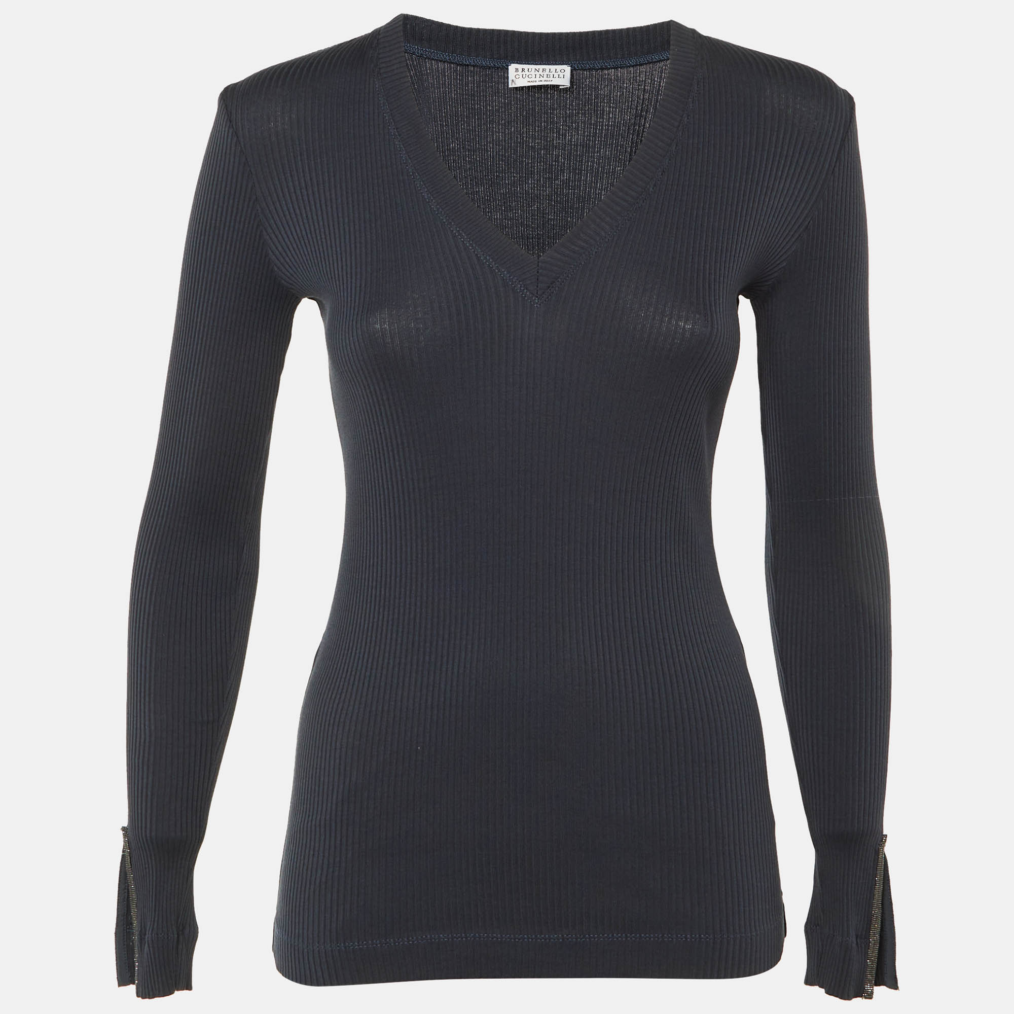 Pre Owned Brunello Cucinelli Grey Knit Monili Sleeve Detail Top S