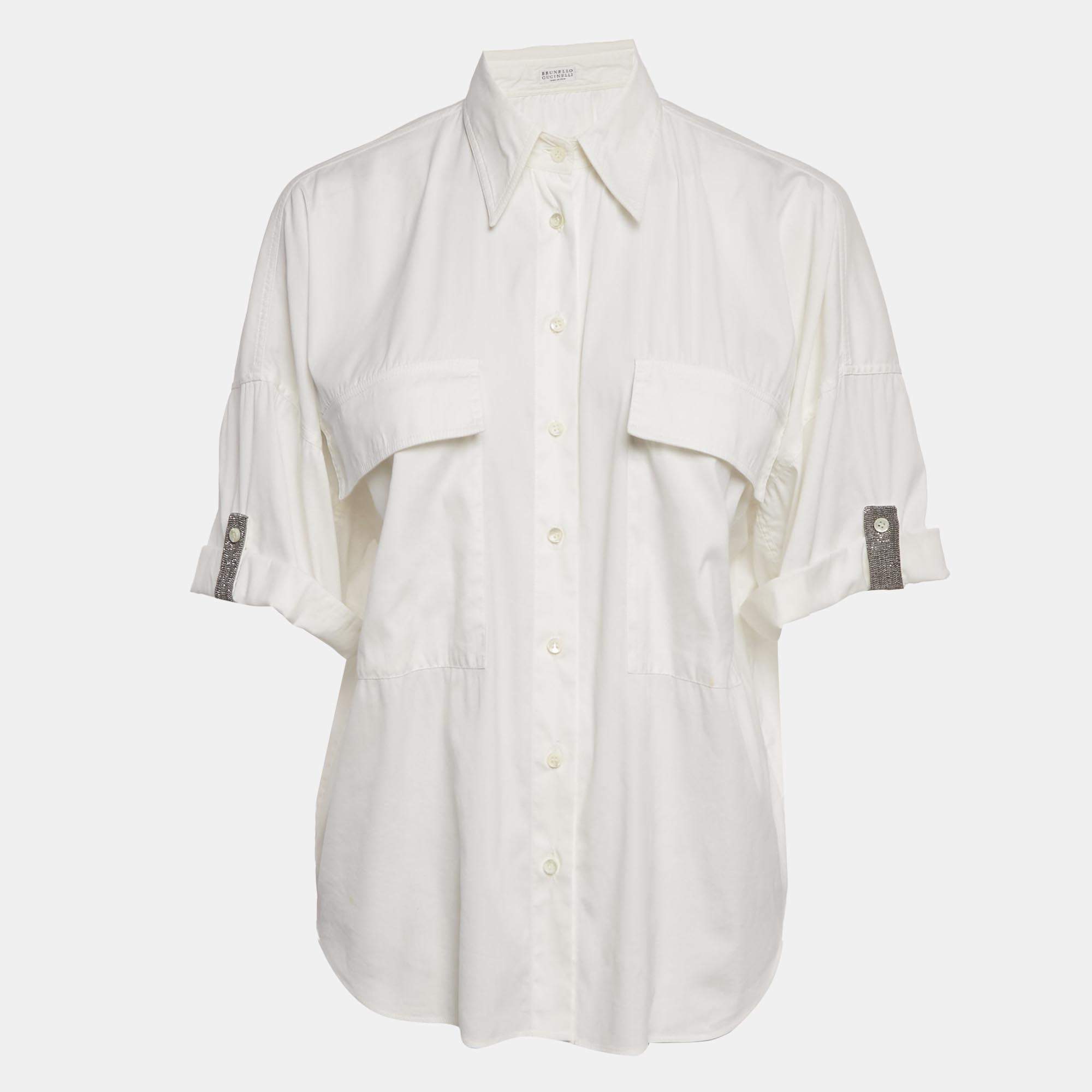 Pre Owned Brunello Cucinelli White Cotton Blend Embellished Trim Short Sleeve Shirt S 