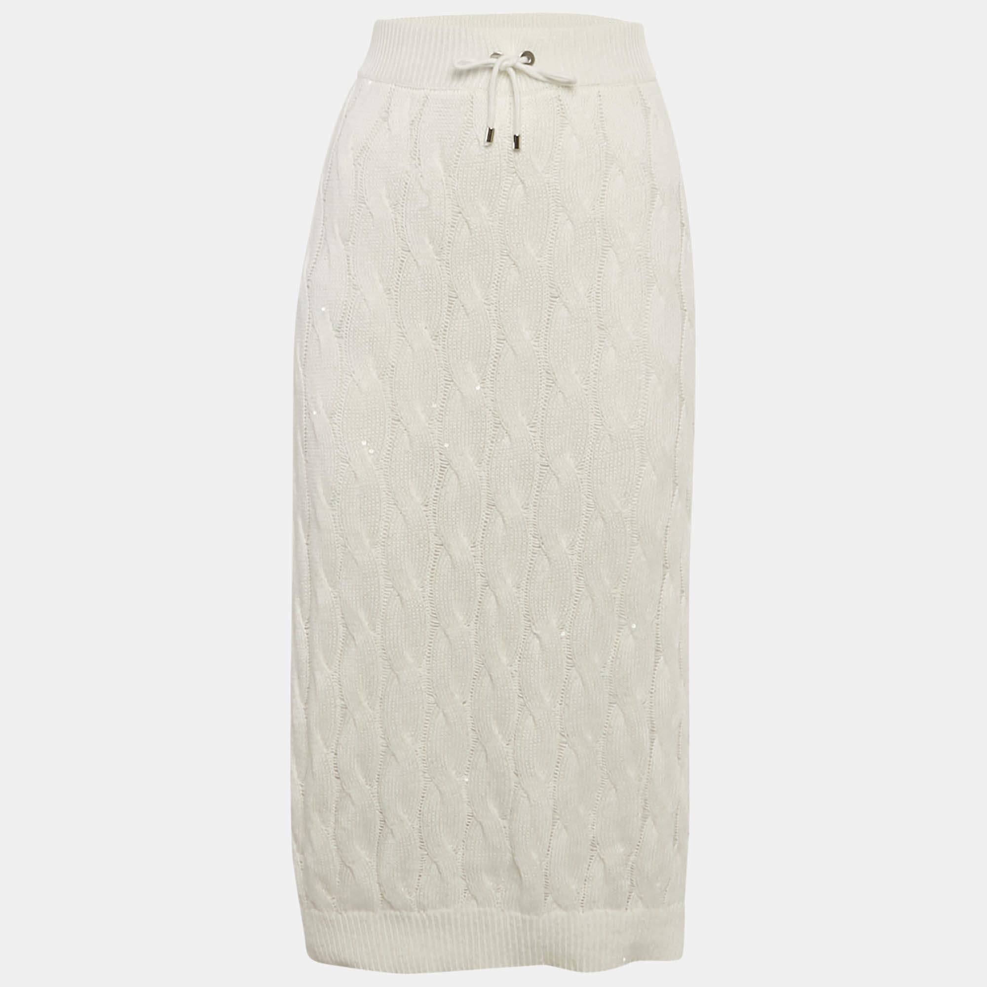 مملوكة مسبقًا تنورة ميدي برونيلو كوتشينيللي حياكة كابل أبيض برباط خصر مقاس كبير جدًا