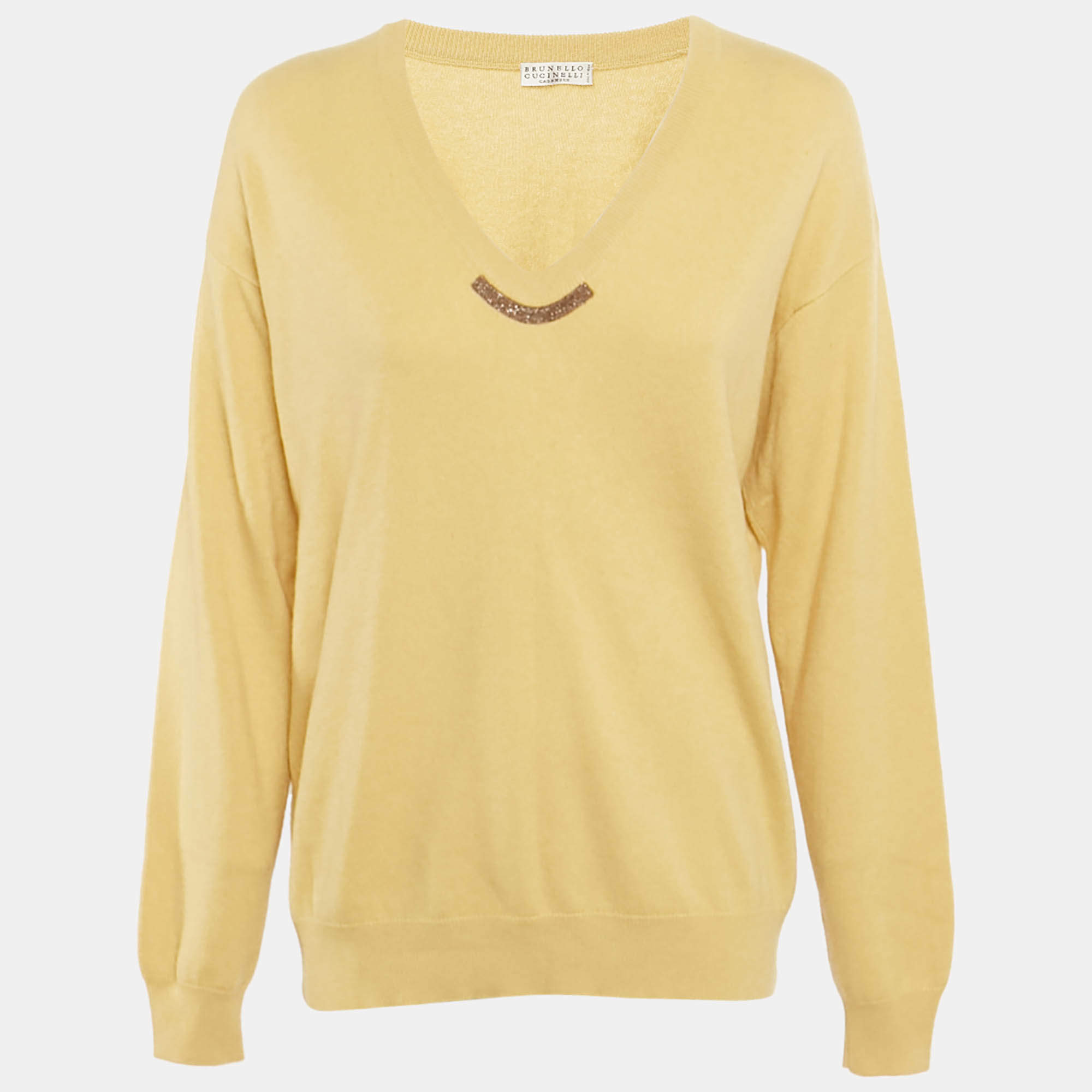 Pre Owned ستر من الصوف بلون أصفر مع تفاصيل مونلي برونيلو كوتشينيلي مقاس متوسط