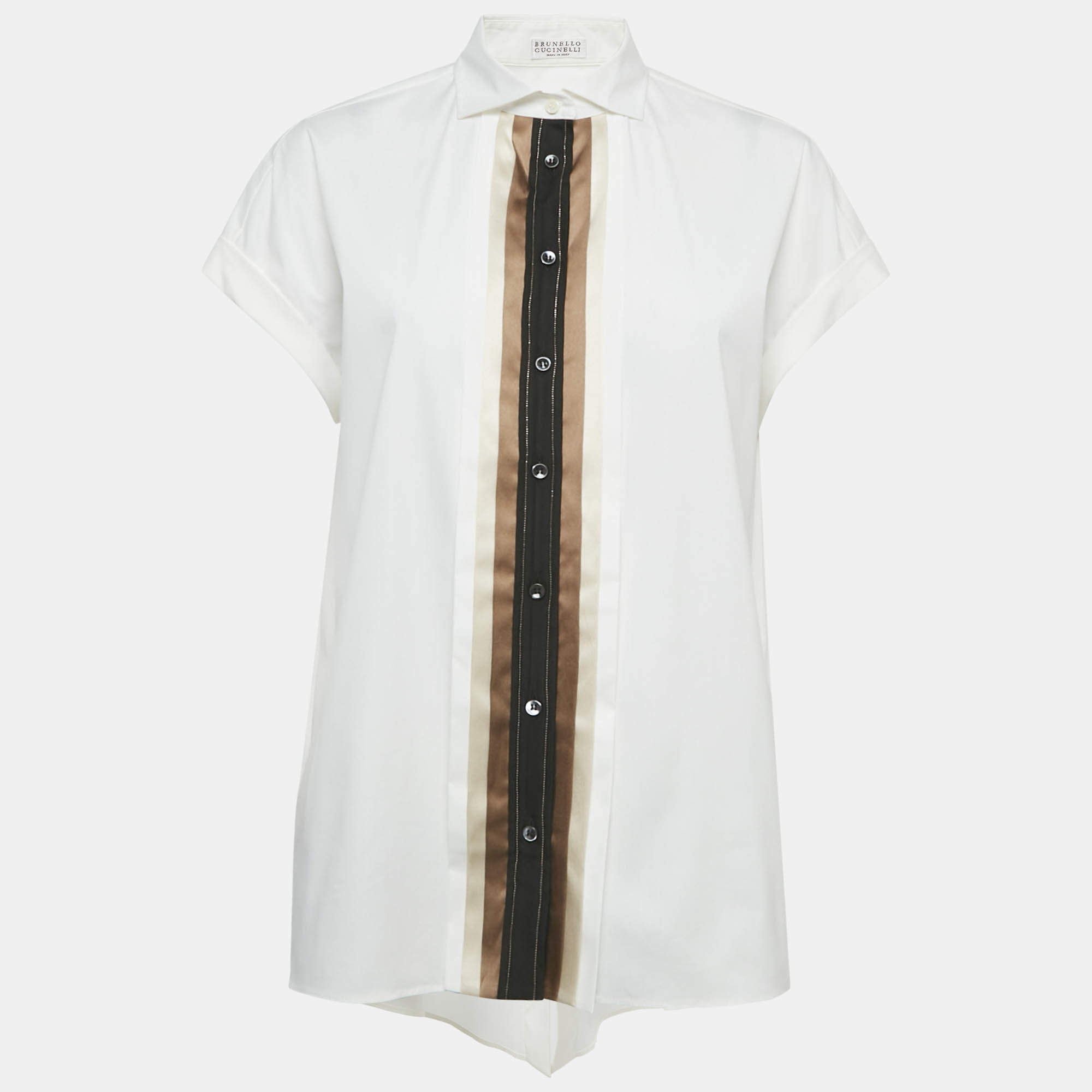 مملوكة مسبقًا Brunello Cucinelli White Embellished Trim Cotton Blend Shirt L