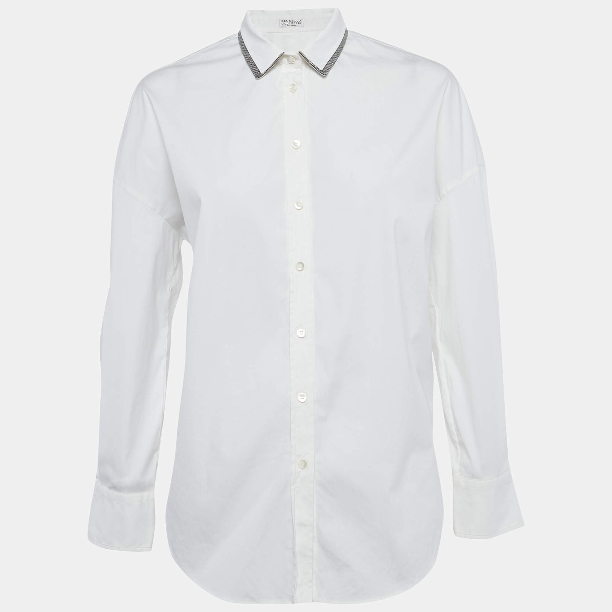 مملوكة مسبقًا Brunello Cucinelli White Collar Embellished Trim Cotton Blend Shirt M