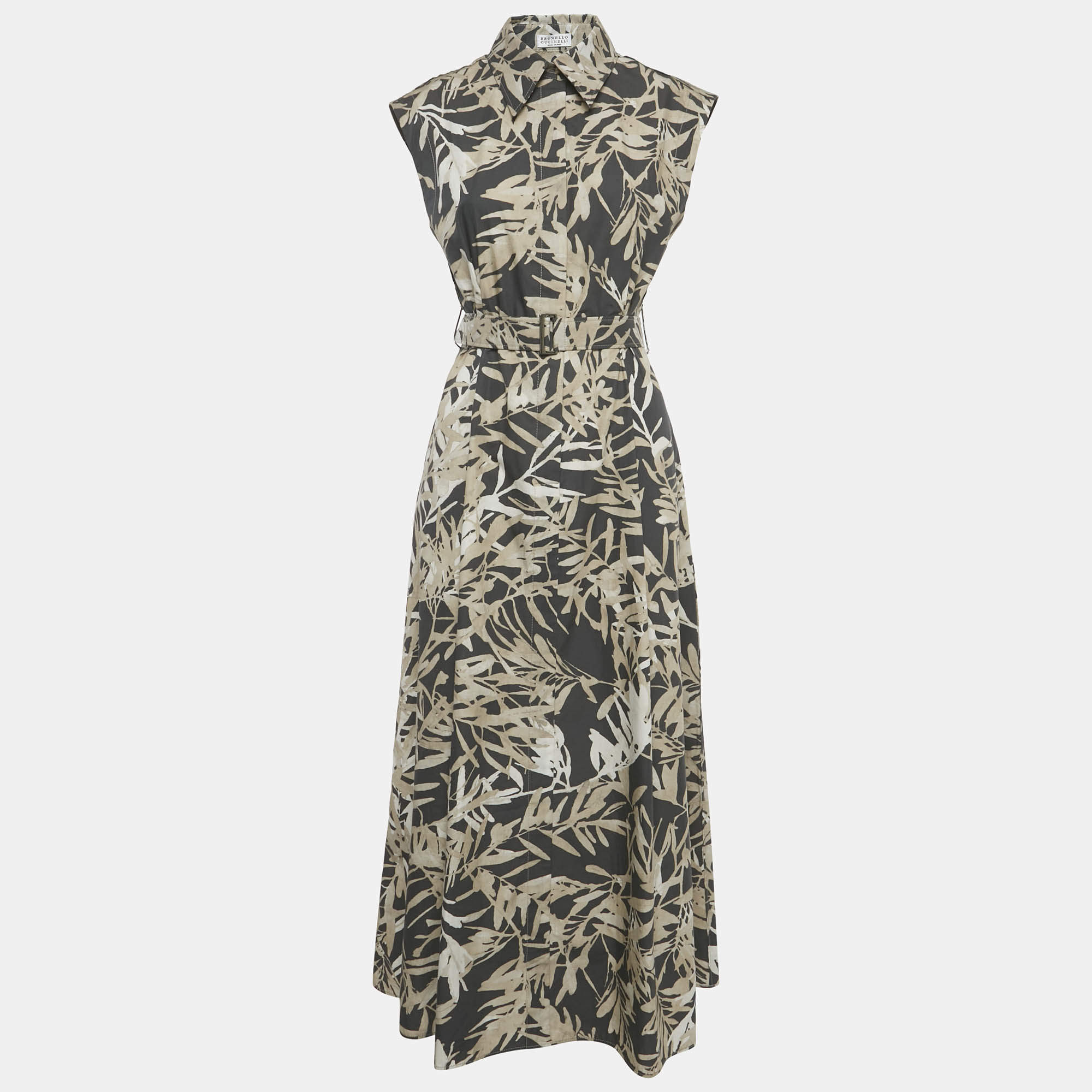 Pre Owned Brunello Cucinelli Grey Floral Print Cotton Belted Midi Dress S