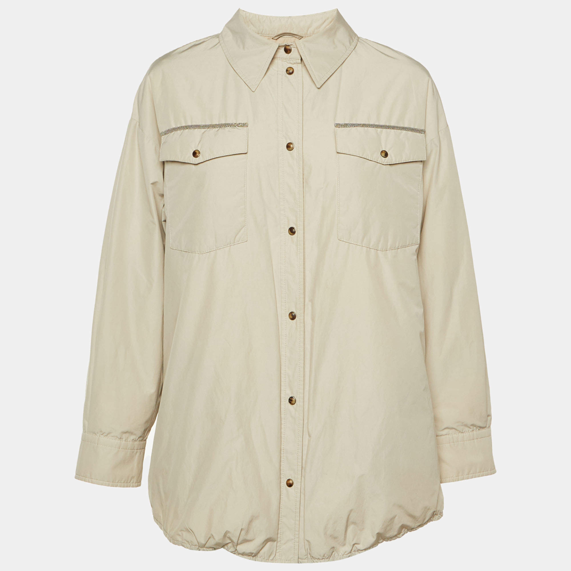 مملوكة مسبقًا جاكيت برونيللو كوتشينيللي مبطن بخليط صناعي بيج مزين بحافة مقاس كبير