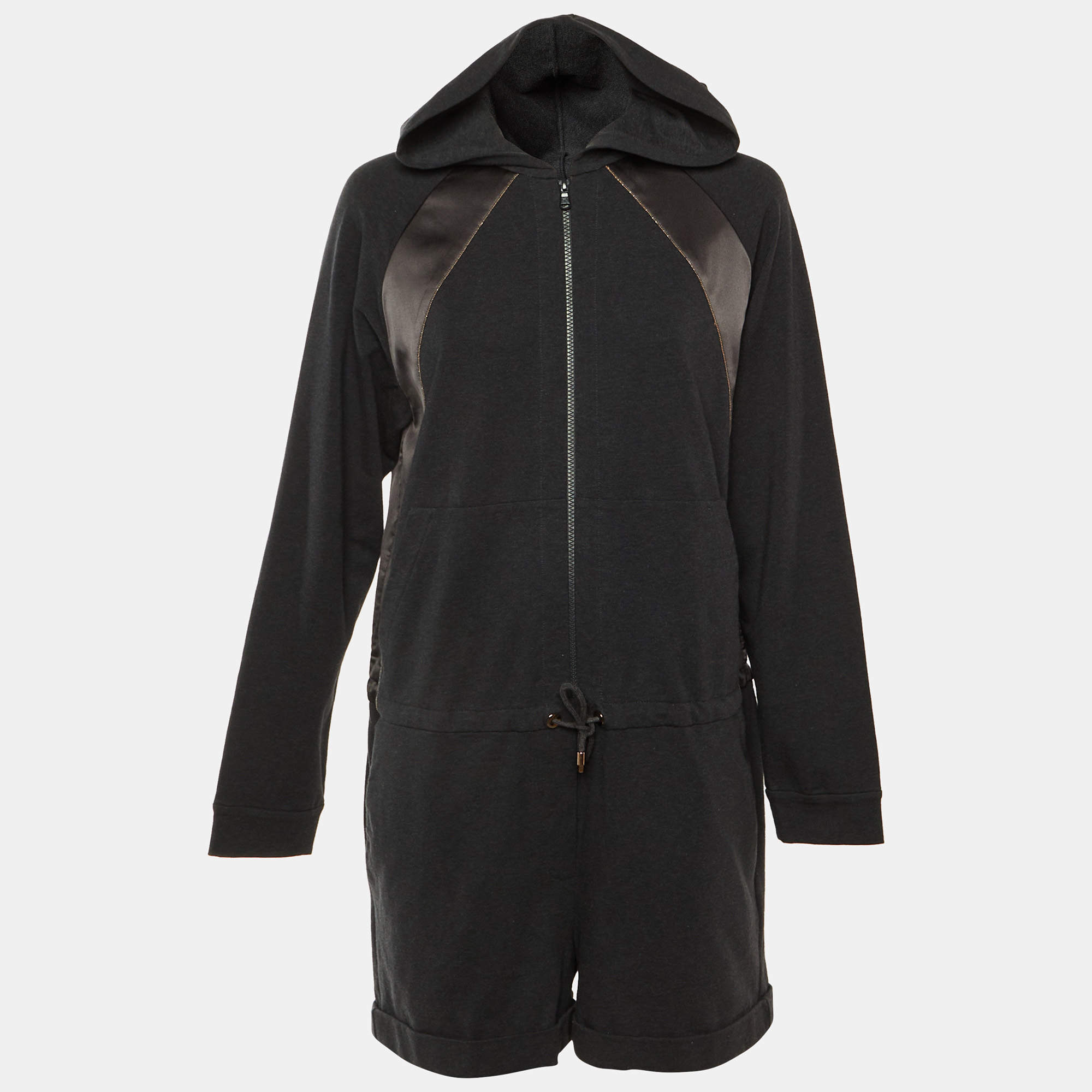 Pre Owned جمبسوت مزود بغطاء للرأس برونيلو كوتشينيلي تريكو قطن رمادي داكن مقاس كبير ( لارج )