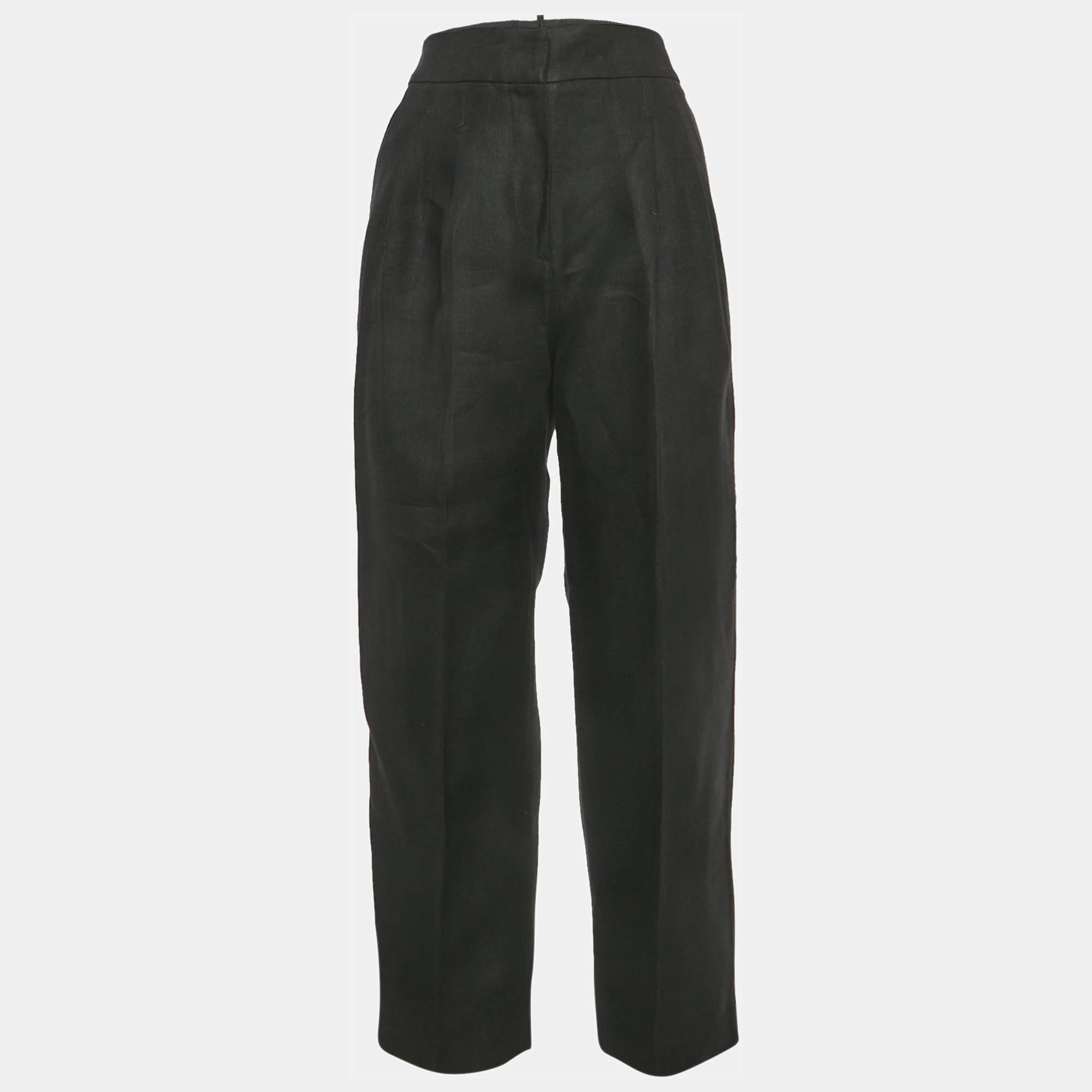 مملوكة مسبقًا Brunello Cucinelli Black Linen Drill Pleated Trousers S